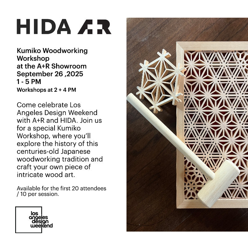 Event flyer for a Kumiko woodworking workshop, with a lattice panel and wooden mallet beside the details