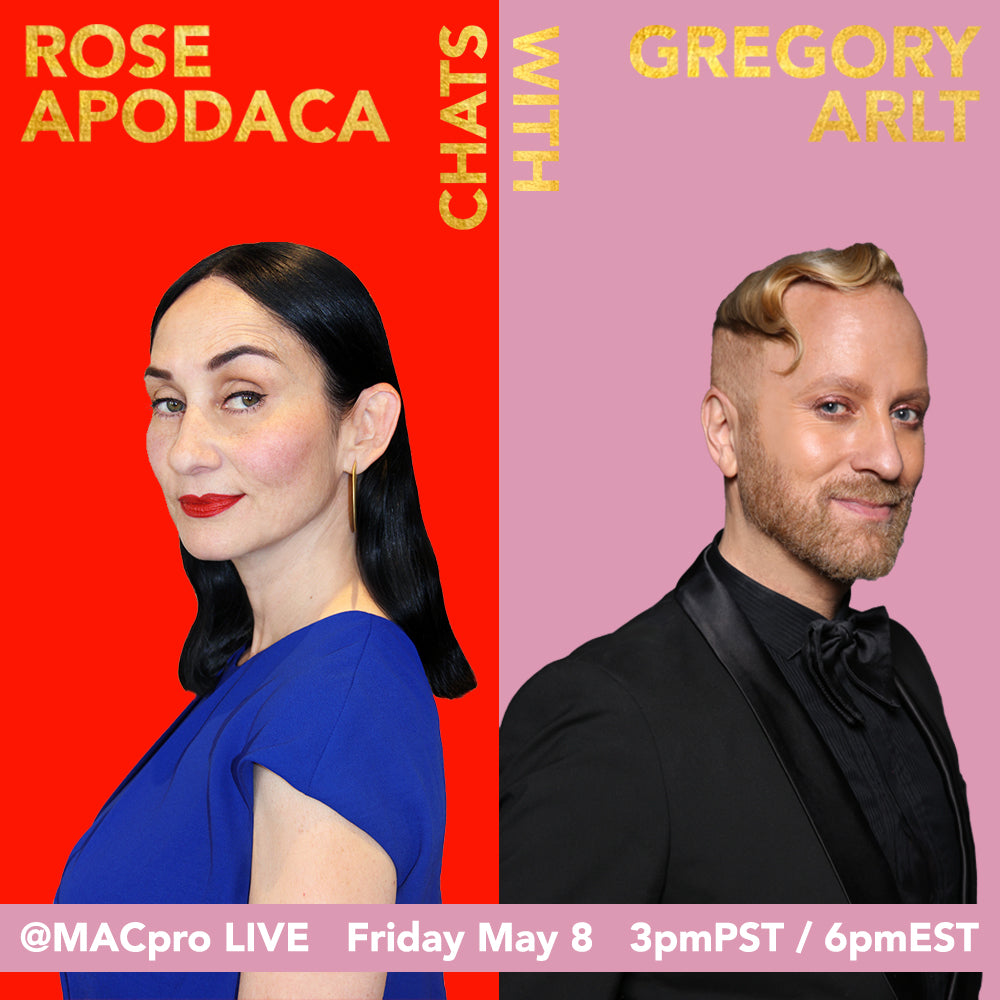 Promo graphic with two people side by side on red and pink panels, plus gold names and a live event time