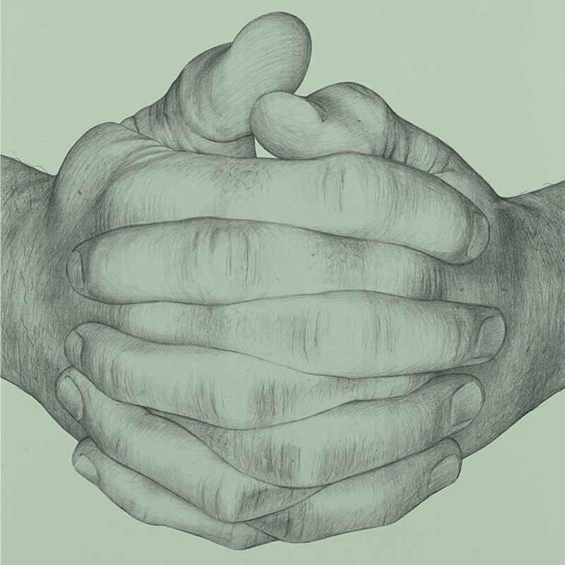Pencil drawing of two clasped hands with interlaced fingers on a pale sage green background