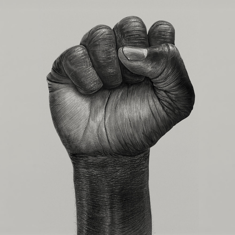 A detailed black and white drawing of a raised clenched fist and forearm against a pale grey background