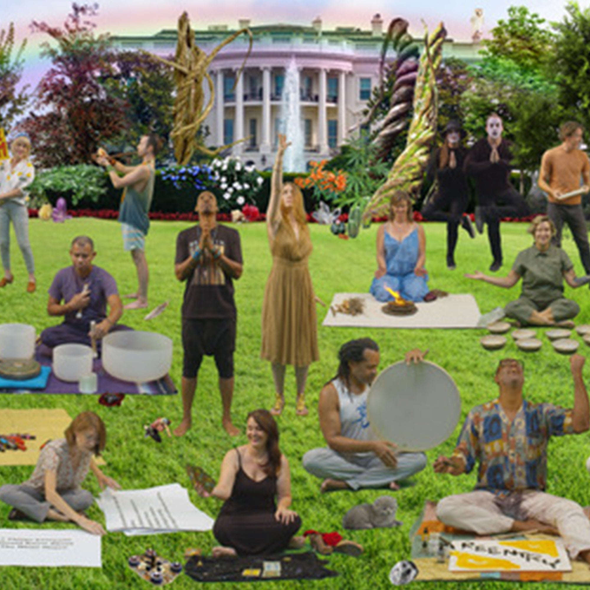 A collage of people meditating, drumming and playing singing bowls on a lawn in front of the White House