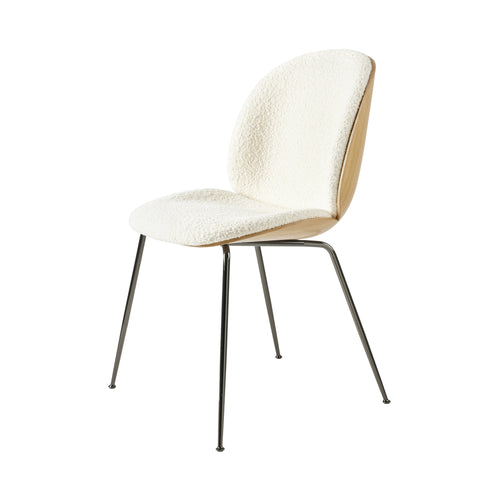 Beetle Dining Chair Conic Base: Veneer Shell + Front Upholstered + Oak + Black Chrome