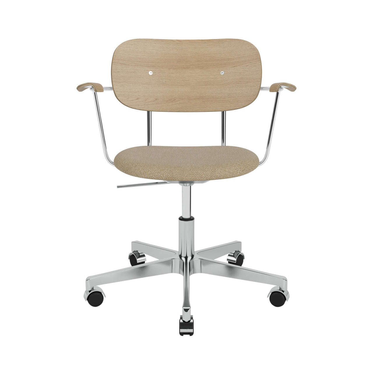 Co Task Armchair with Casters: Seat Upholstered + Polished Aluminum + Natural Oak + Boucle 02