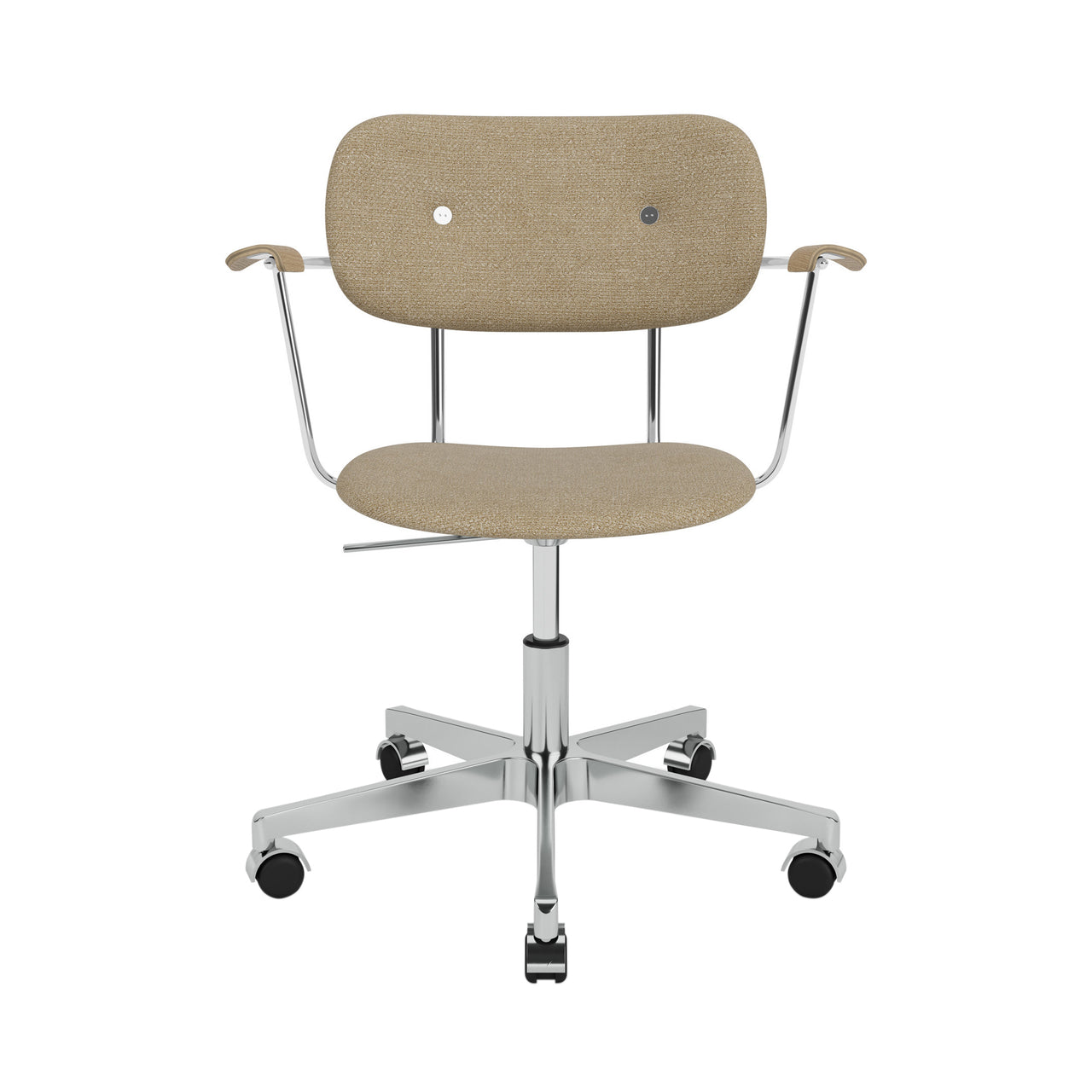Co Task Armchair with Casters: Fully Upholstered + Polished Aluminum + Natural Oak + Boucle 02