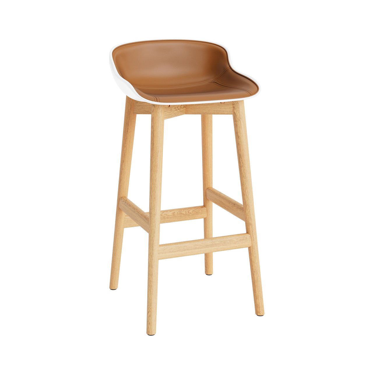 Hyg Bar Stool: Wood Base + Front Upholstered + Oak + White