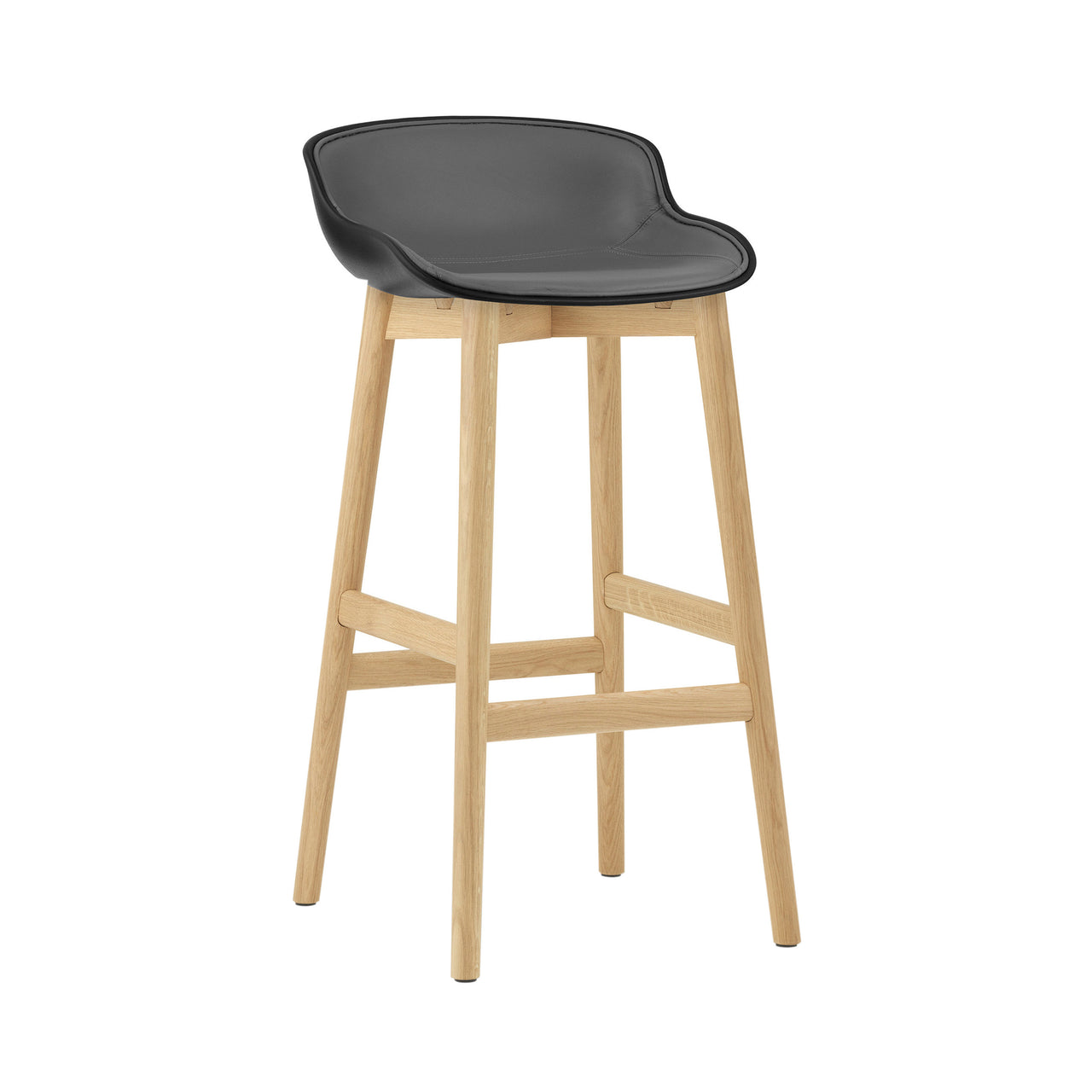 Hyg Bar Stool: Wood Base + Front Upholstered + Oak + Black