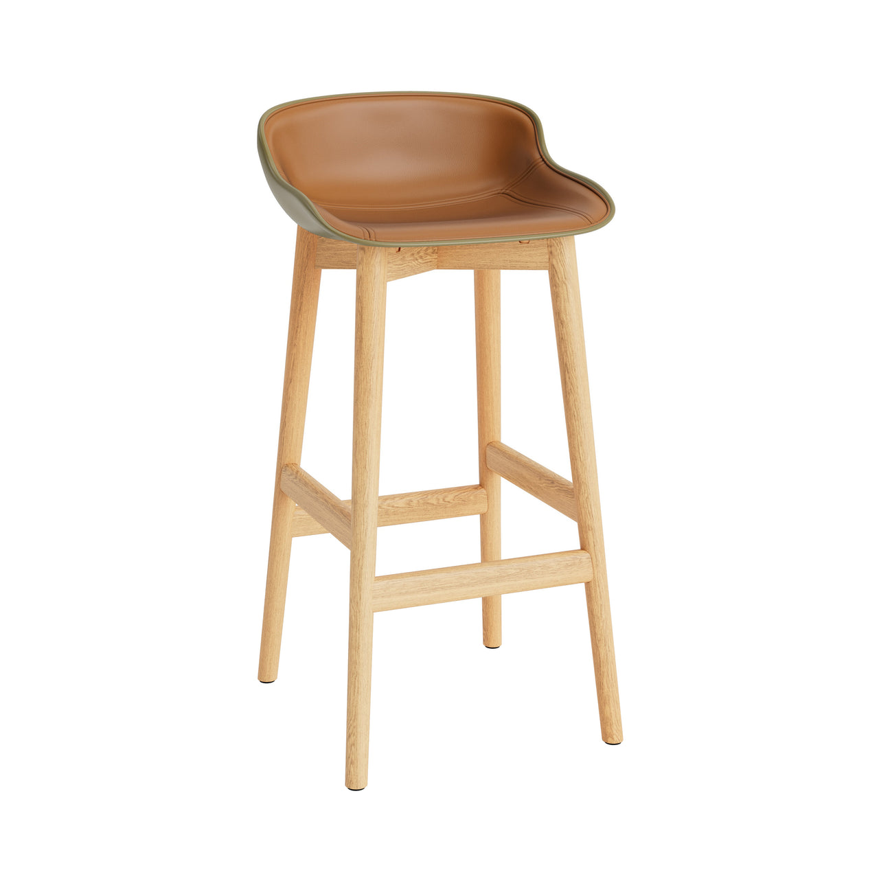 Hyg Bar Stool: Wood Base + Front Upholstered + Oak + Olive