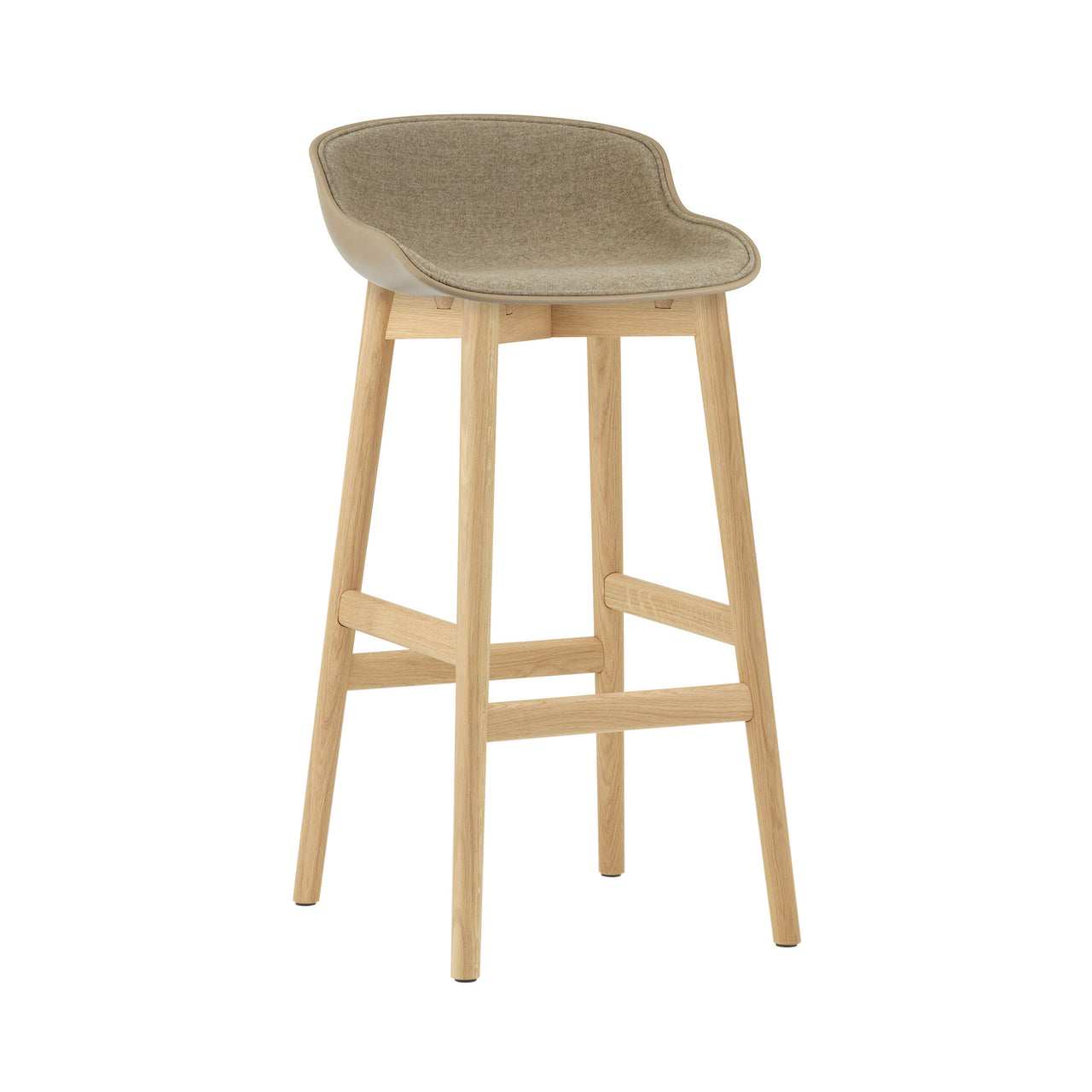 Hyg Bar Stool: Wood Base + Front Upholstered + Oak + Sand