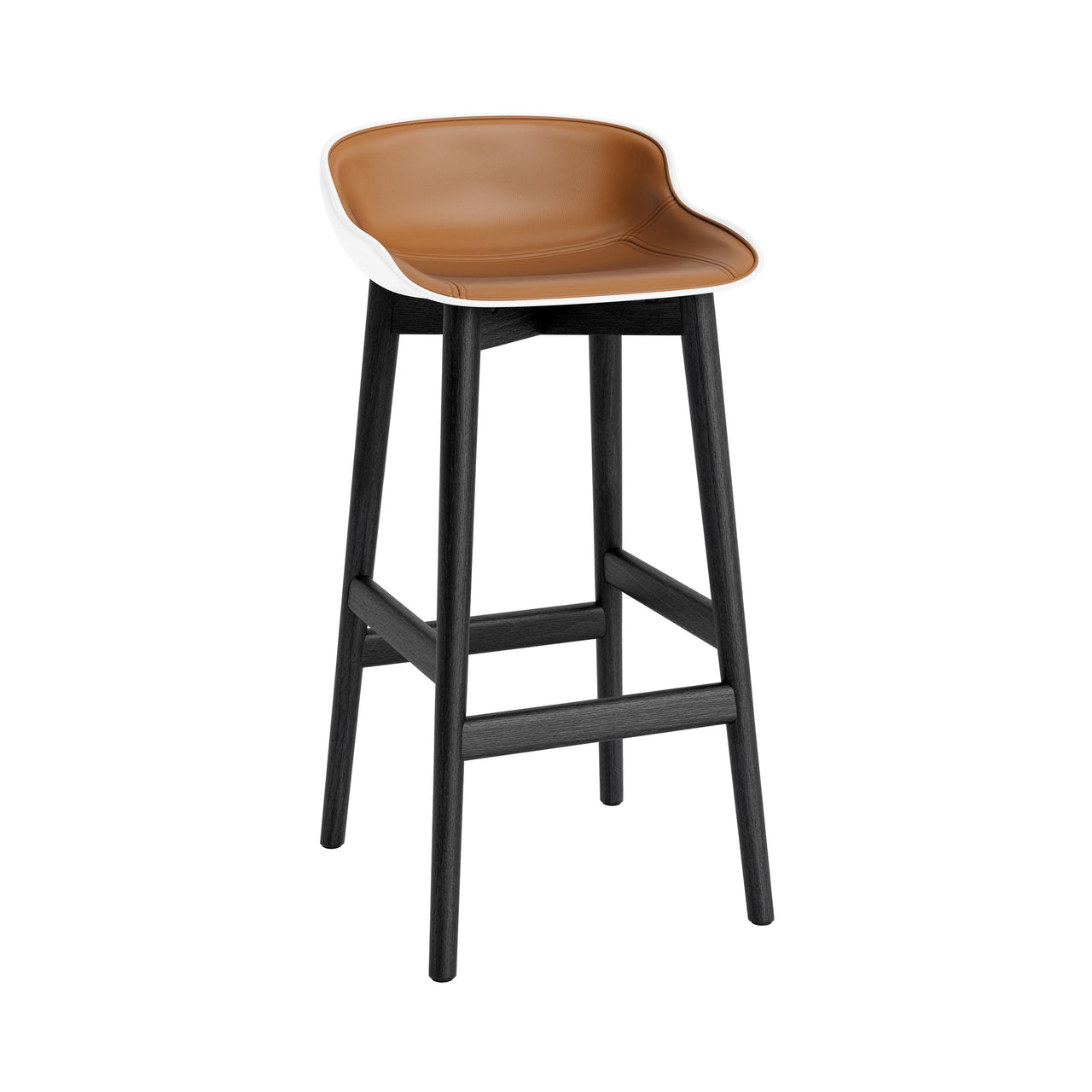 Hyg Bar Stool: Wood Base + Front Upholstered + Black Oak + White