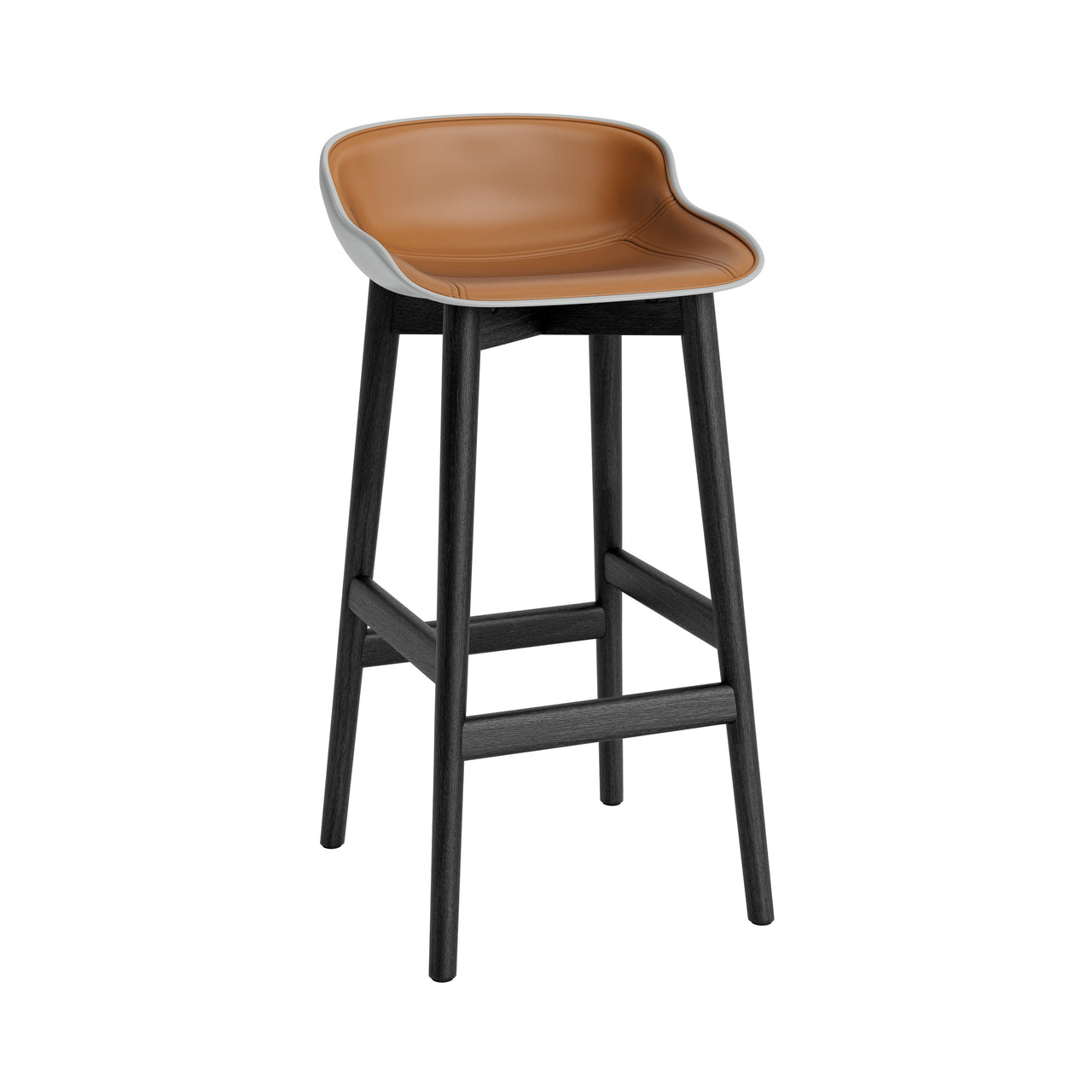 Hyg Bar Stool: Wood Base + Front Upholstered + Black Oak + Grey