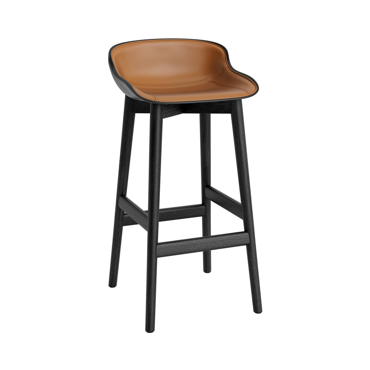 Hyg Bar Stool: Wood Base + Front Upholstered + Black Oak + Black
