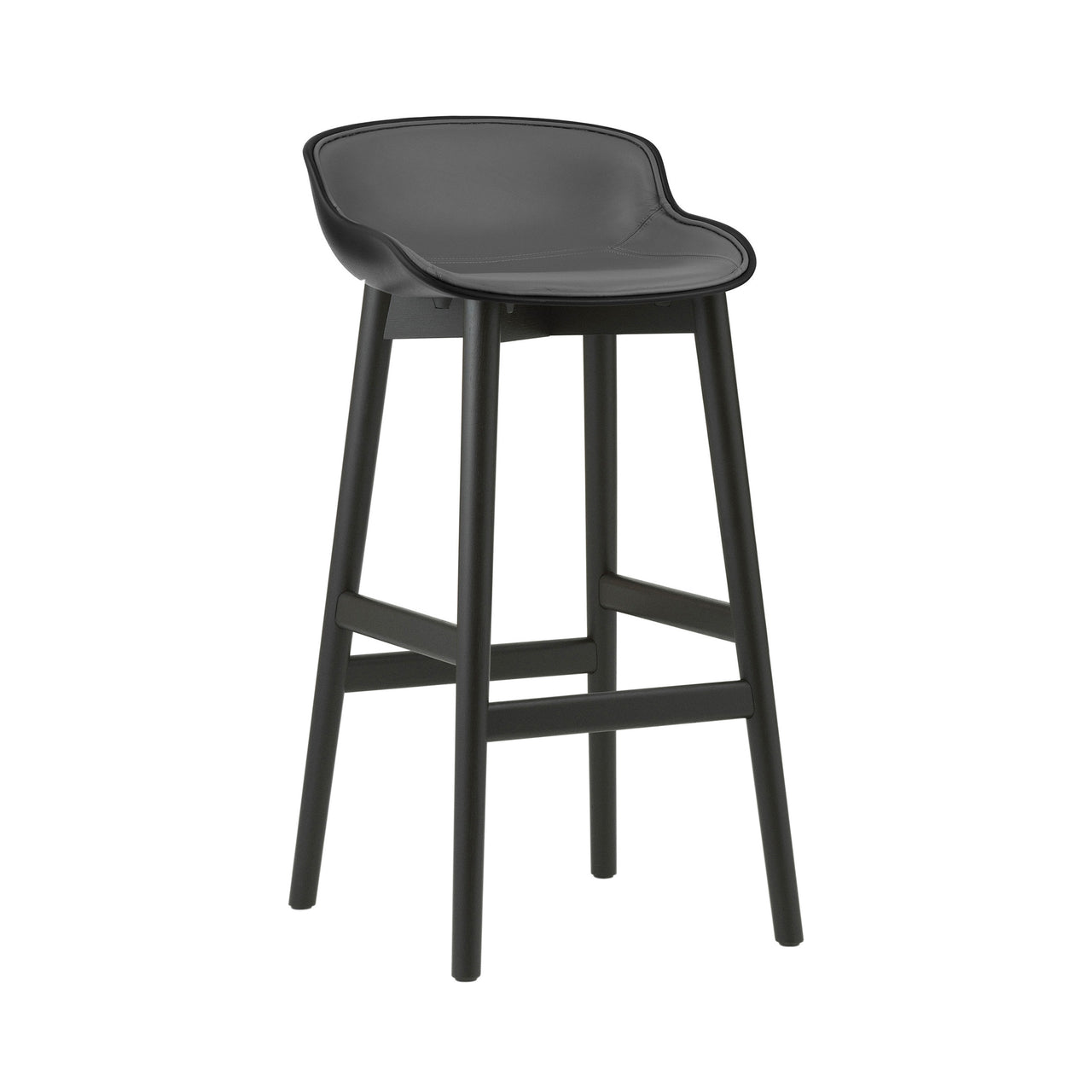 Hyg Bar Stool: Wood Base + Front Upholstered + Black Oak + Black