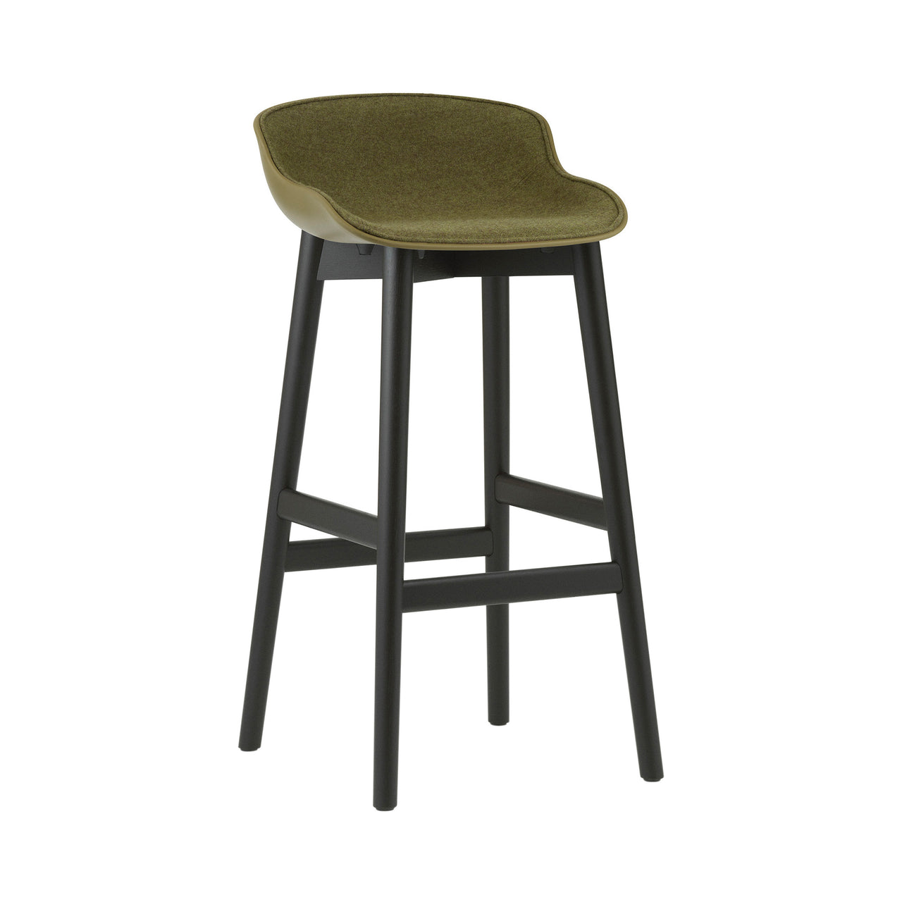Hyg Bar Stool: Wood Base + Front Upholstered + Black Oak + Olive
