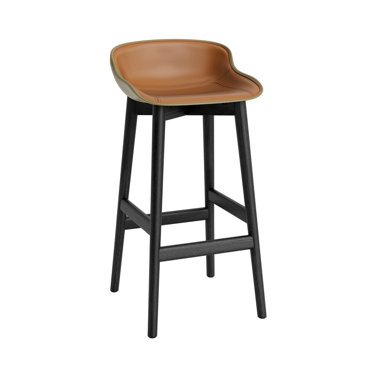 Hyg Bar Stool: Wood Base + Front Upholstered + Black Oak + Olive