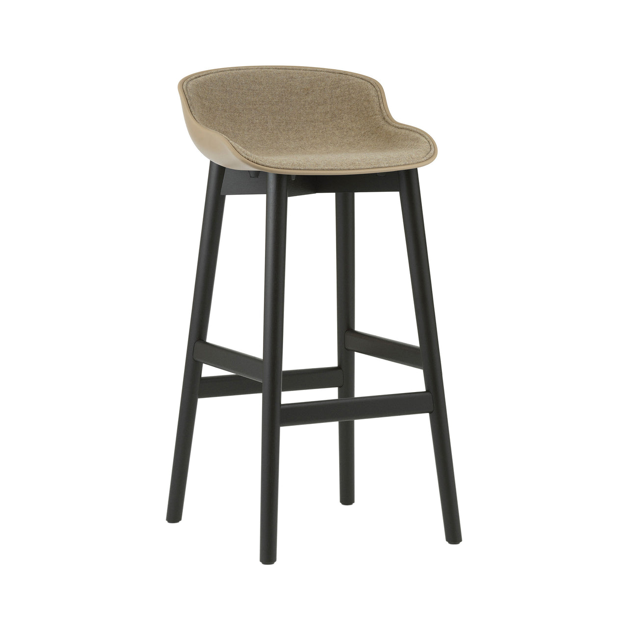 Hyg Bar Stool: Wood Base + Front Upholstered + Black Oak + Sand