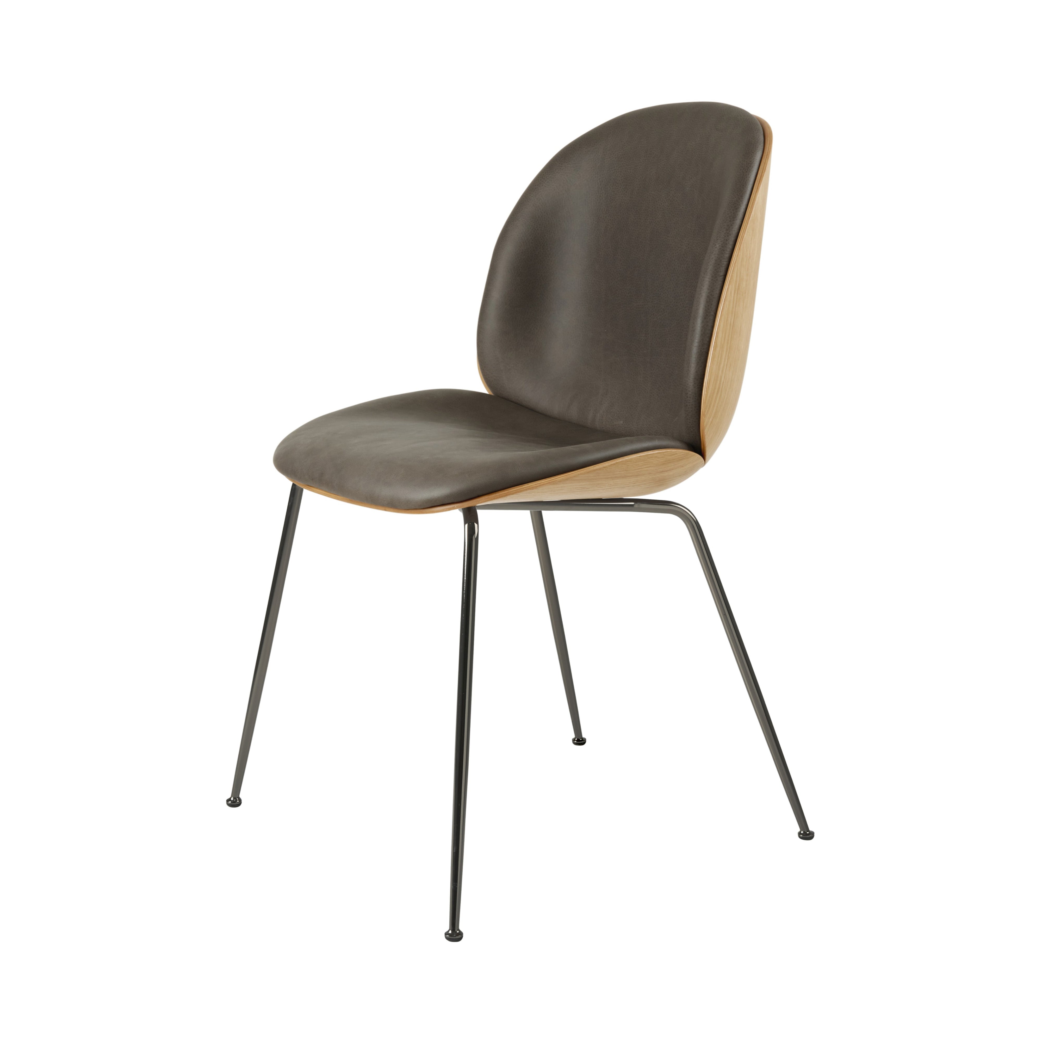 Beetle Dining Chair Conic Base: Veneer Shell + Front Upholstered + Oak + Black Chrome