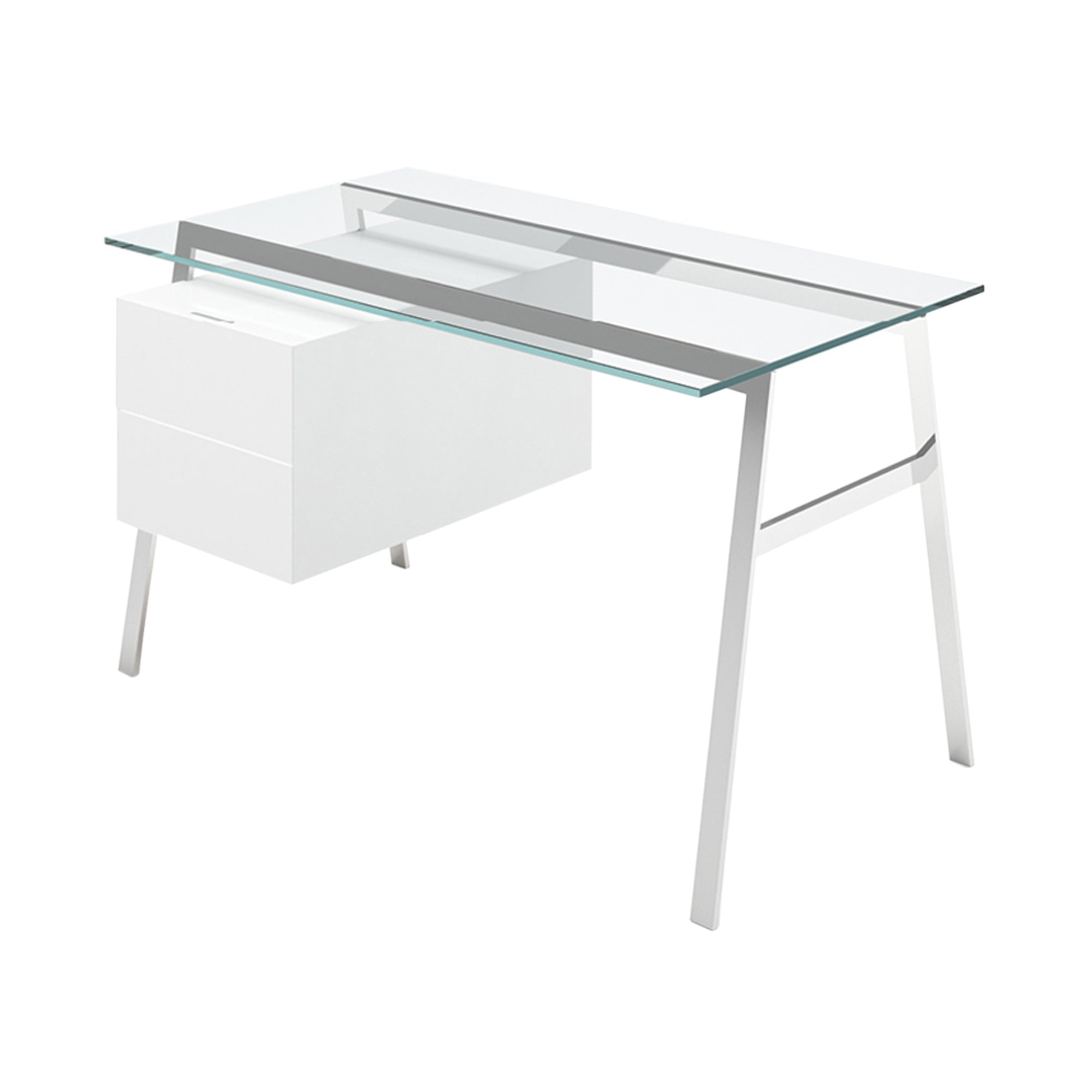 Homework 1 Desk: Double Drawer Left with Glass Top + Chrome + White Lacquer