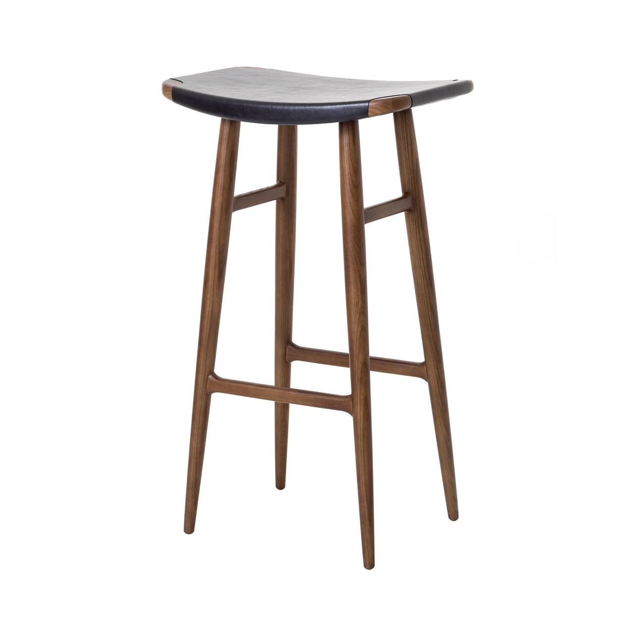 Freja Bar Stool: Dark Brown Oak + Black Saddle + Leather Seat