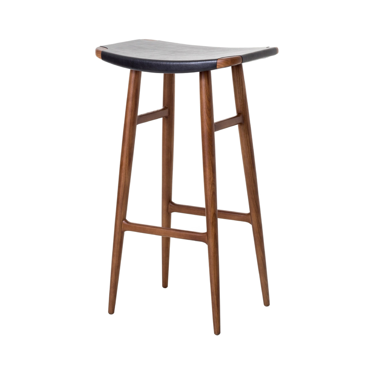 Freja Bar Stool: Natural Walnut + Black Saddle + Leather Seat