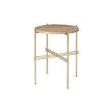 TS Round Side Table: Brass + Warm Taupe Travertine