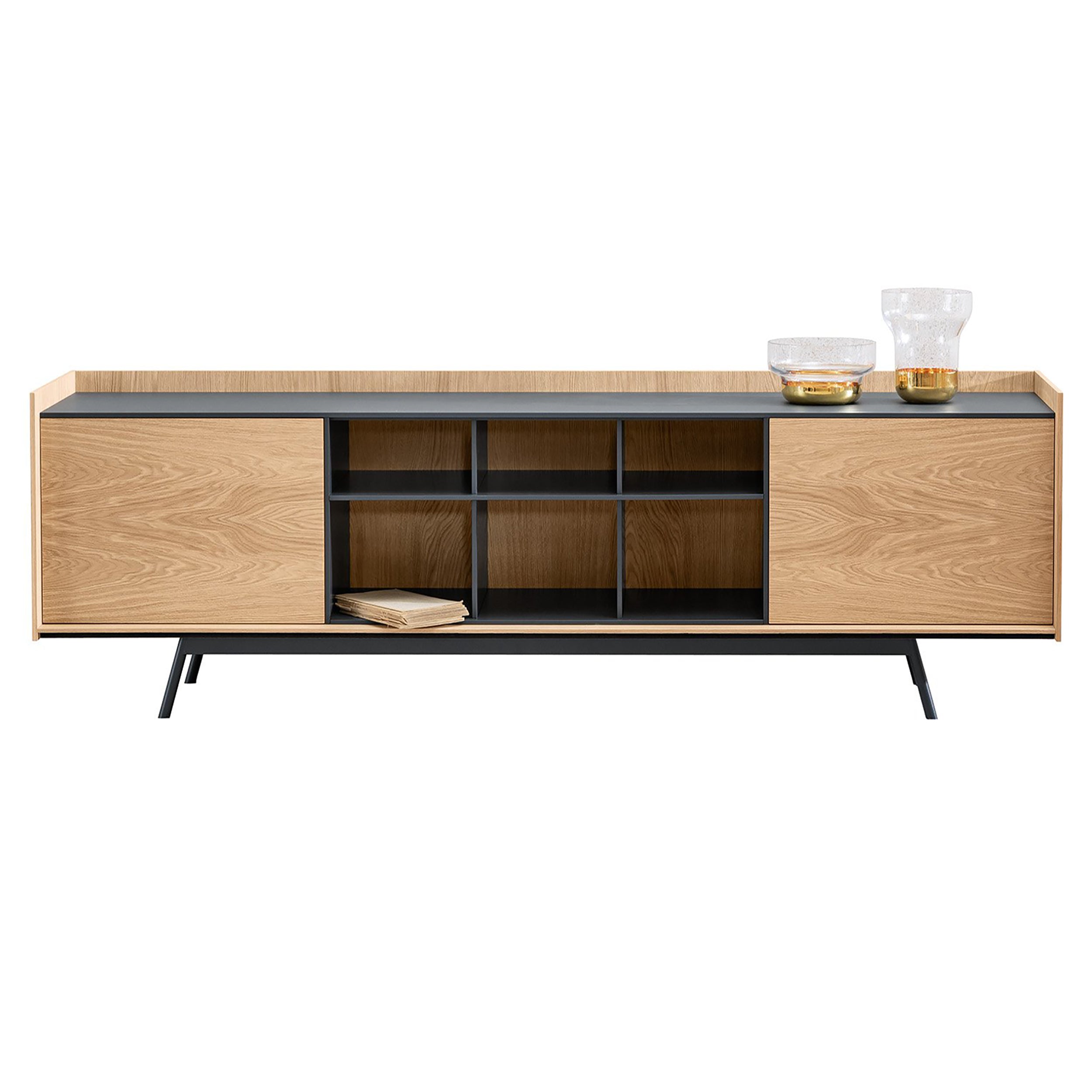Edge Open Cabinet: Large + Lacquered Anthracite + Lacquered Black + Flamed Oak