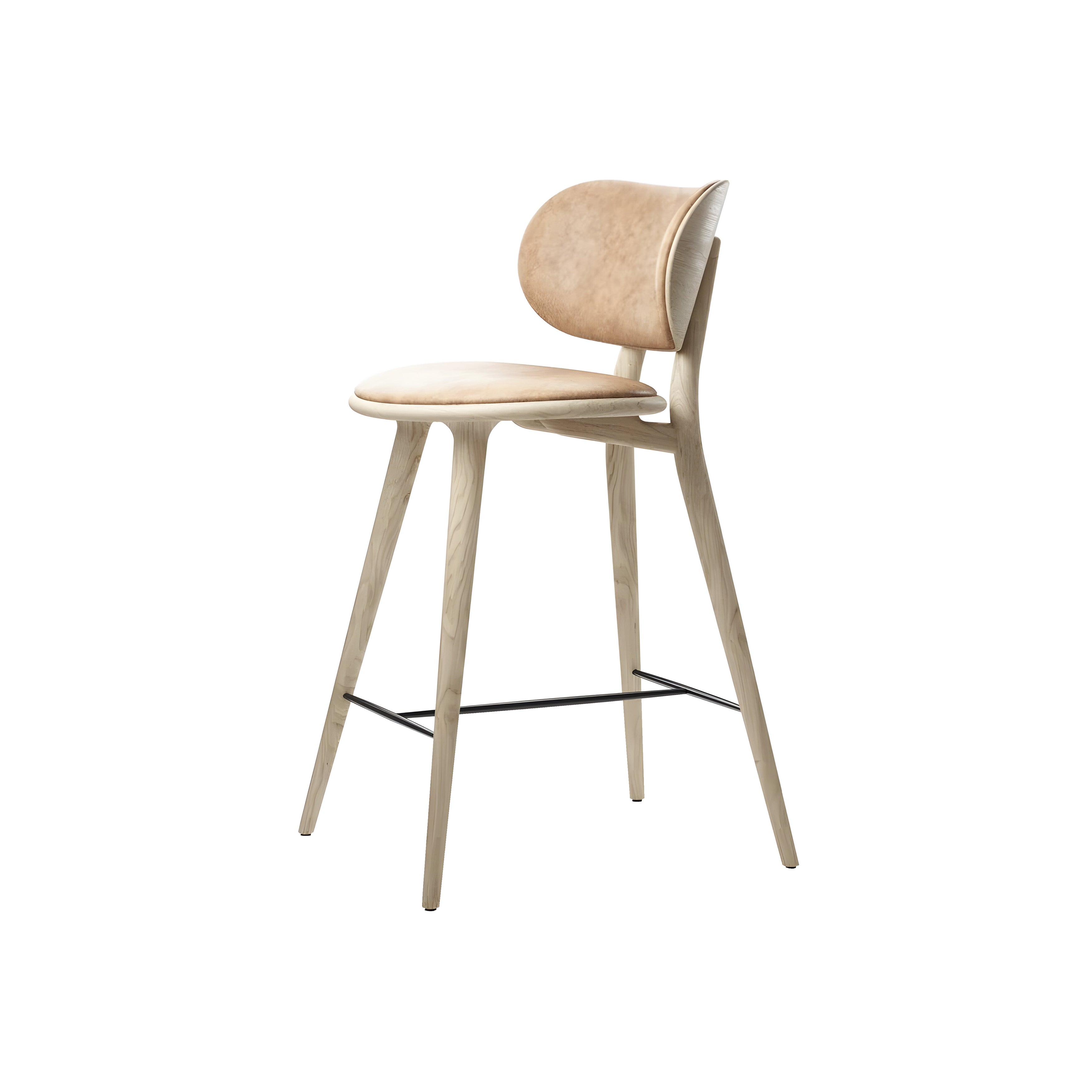 High Stool Backrest: Counter + Matt Lacquered Oak + Natural Tanned Leather