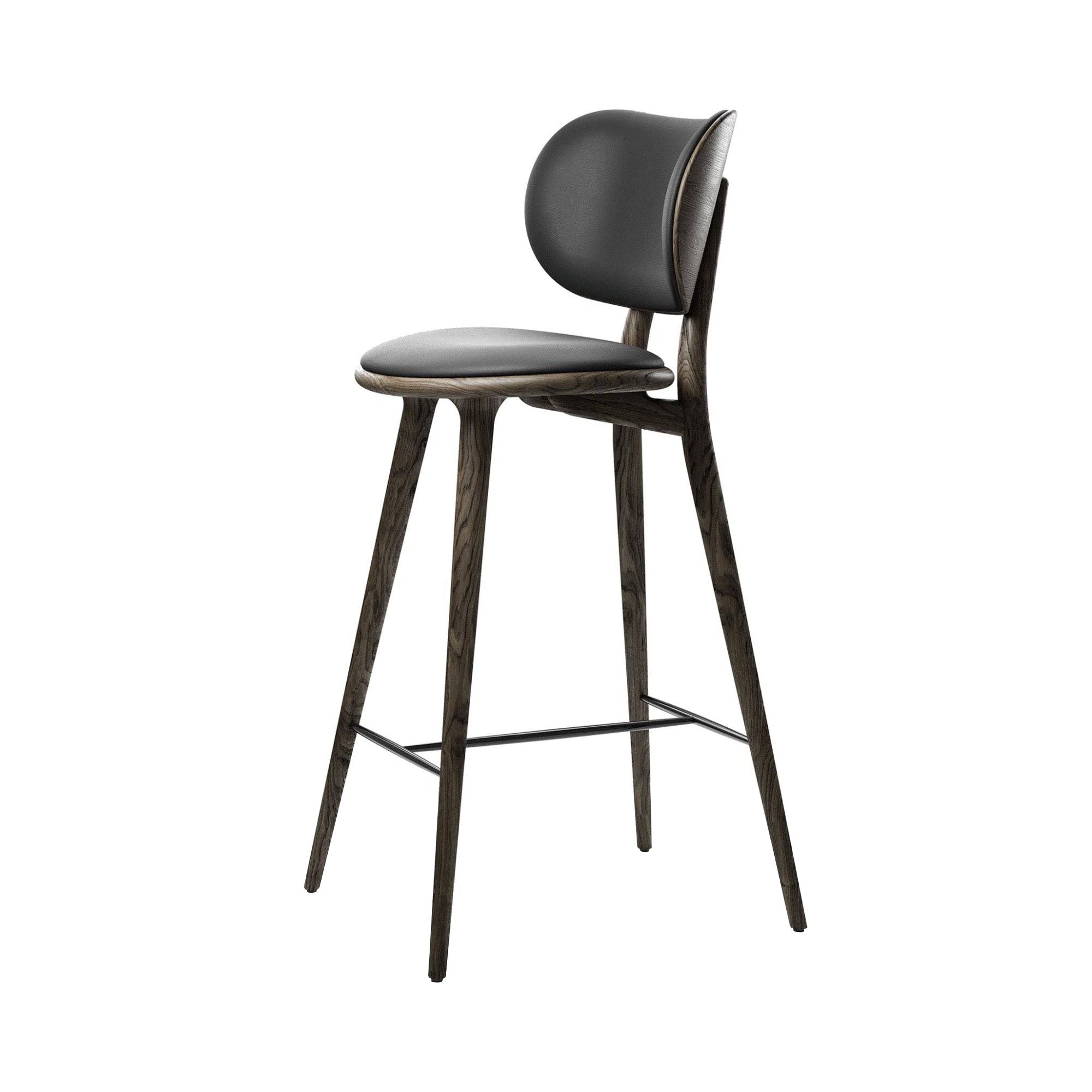 High Stool Backrest: Bar + Sirka Grey Stained Oak + Black Leather