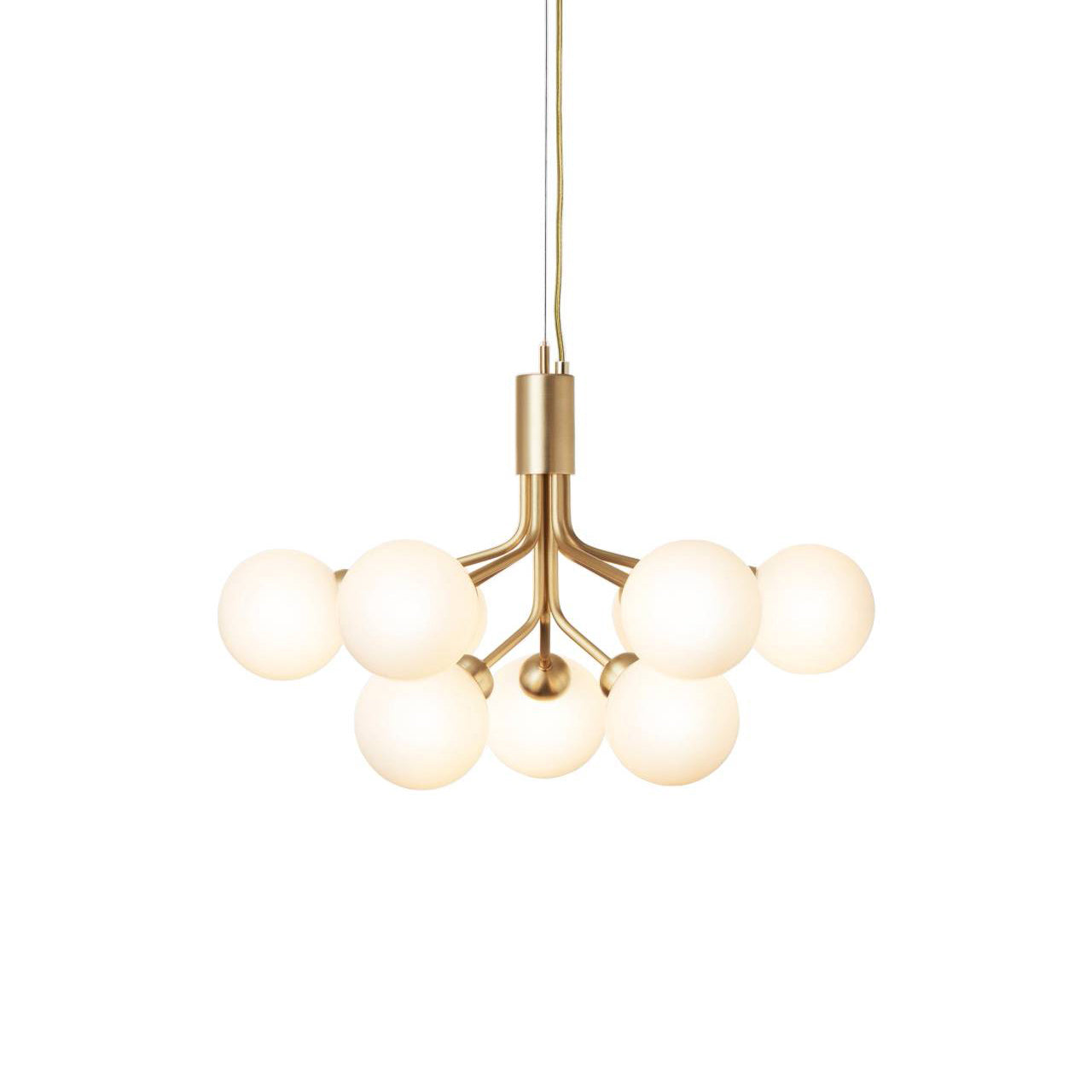 Apiales 9 Chandelier: Brushed Brass + Opal White + Gold