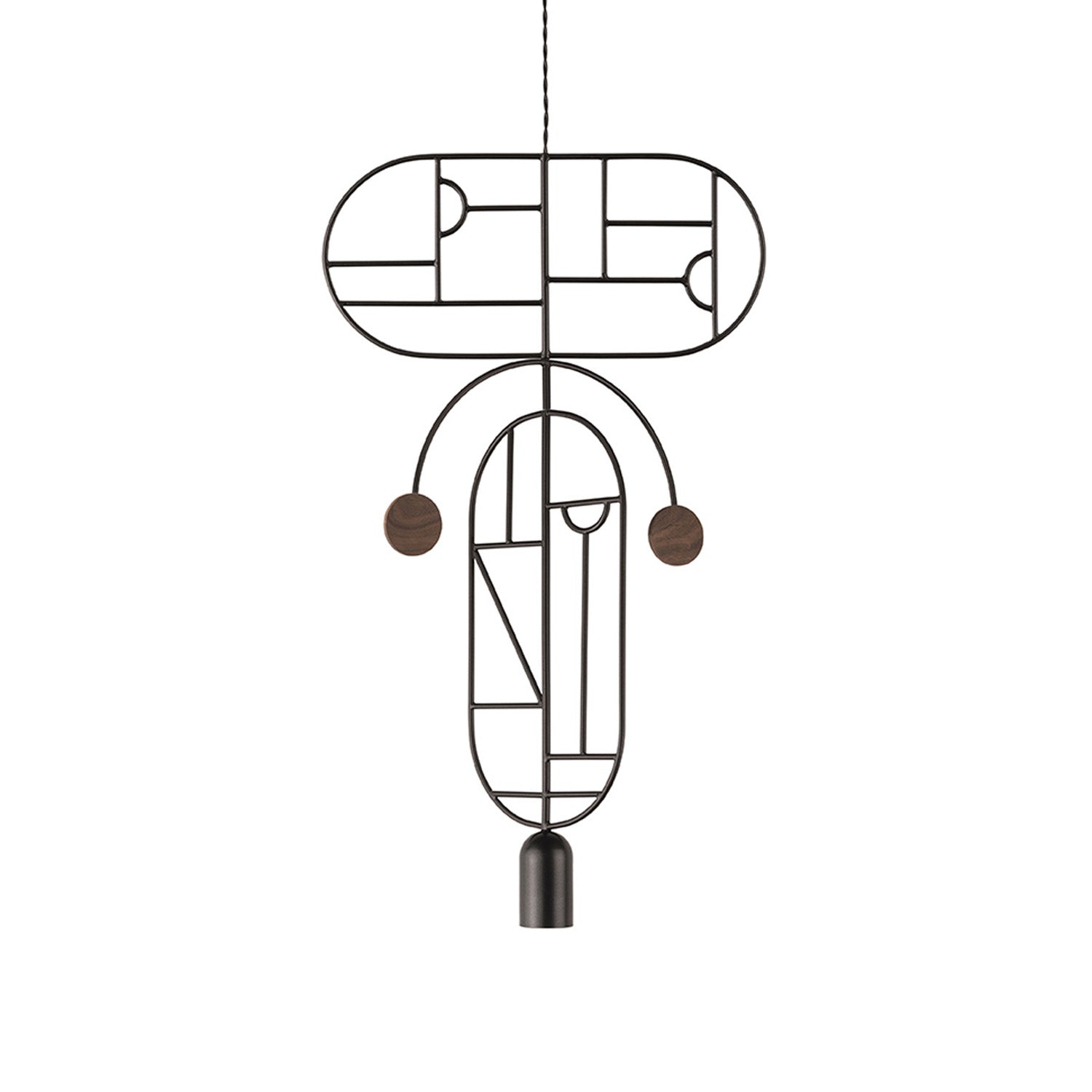Wooden Dots Suspension Lamp: Oval with Stem + Horizontal + Vertical + Graphite + 1 Curled Stem + Graphite + Walnut