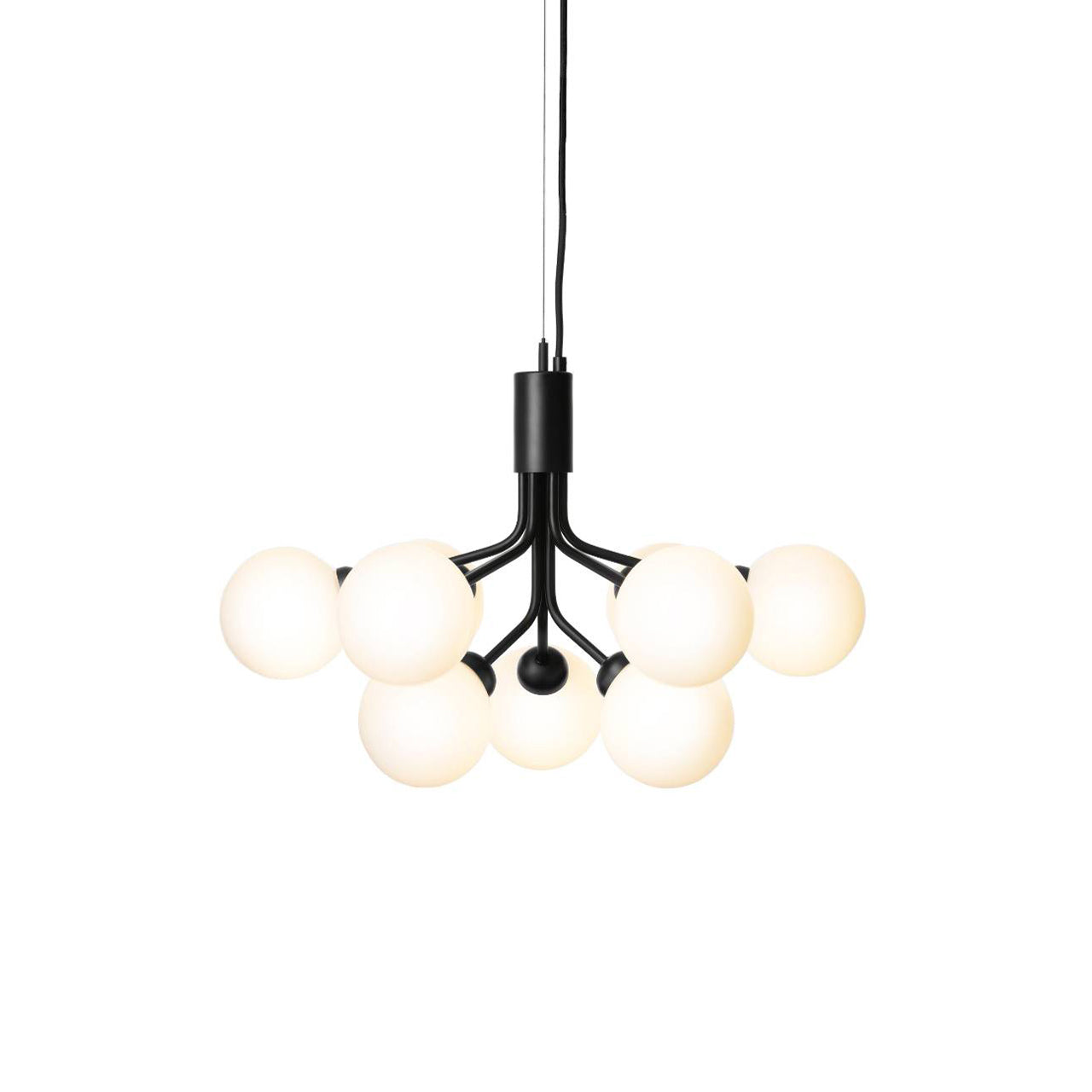 Apiales 9 Chandelier: Satin Black + Opal White + Black