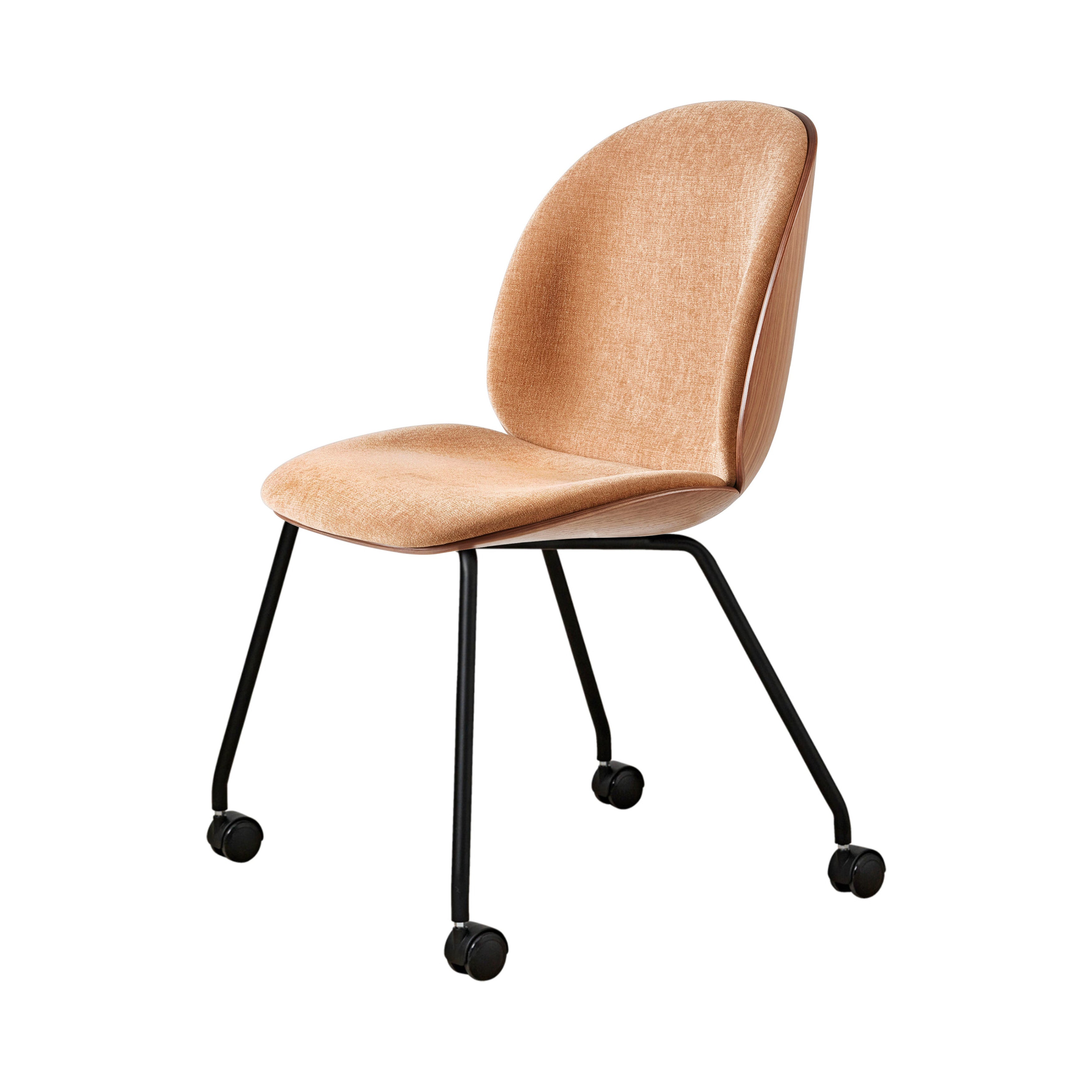 Beetle Meeting Chair Veneer Shell: 4-Legs with Castors + Front Upholstered + American Walnut