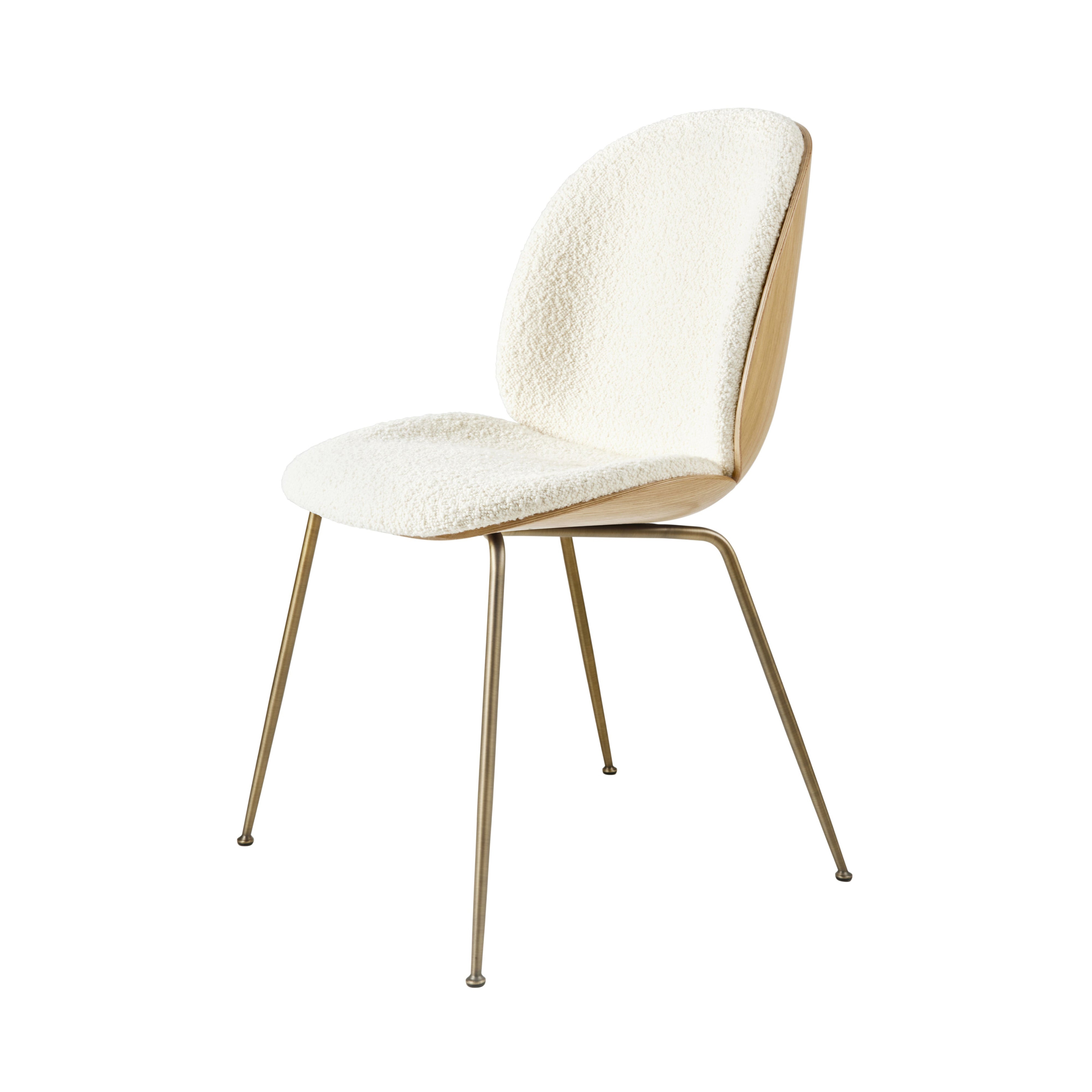 Beetle Dining Chair Conic Base: Veneer Shell + Front Upholstered + Oak + Antique Brass