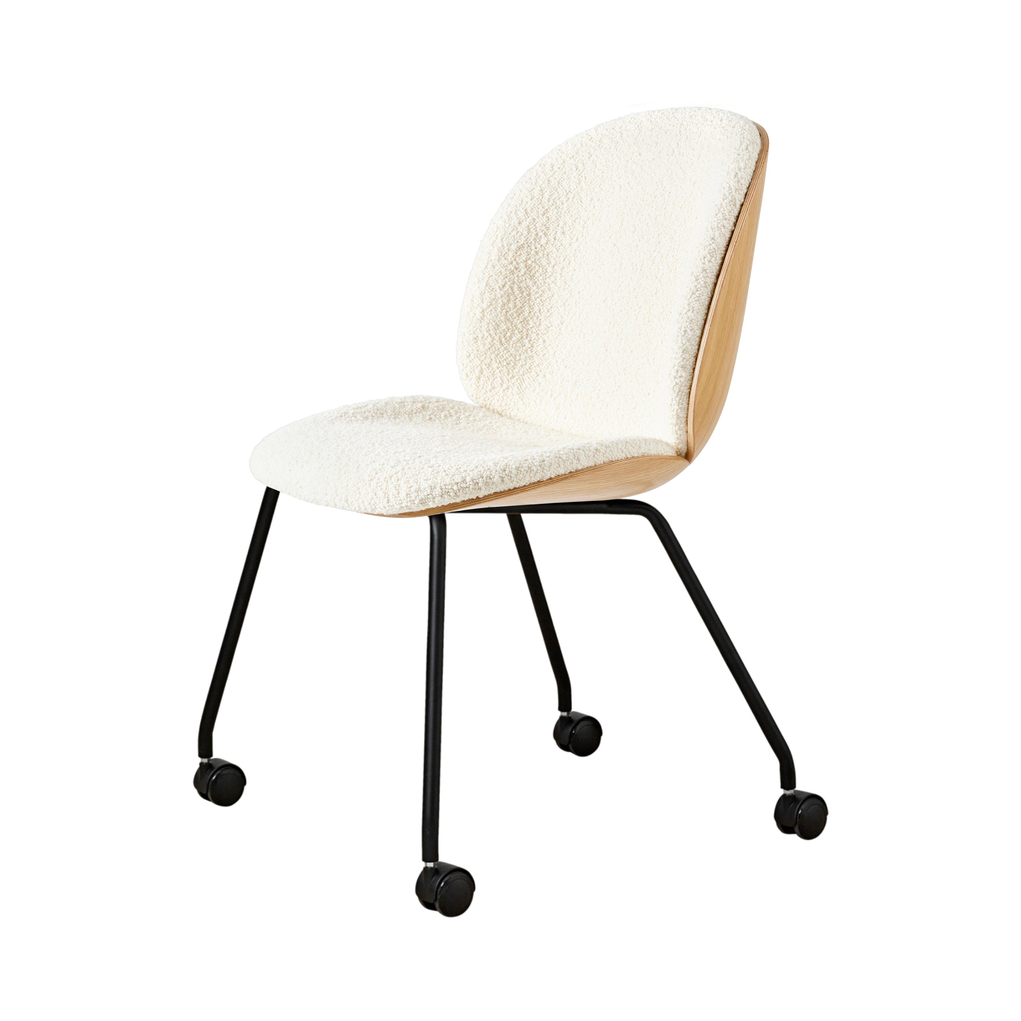 Beetle Meeting Chair Veneer Shell: 4-Legs with Castors + Front Upholstered + Oak
