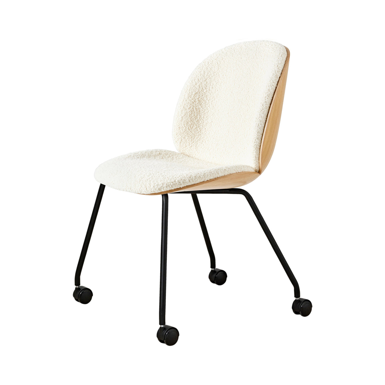 Beetle Meeting Chair Veneer Shell: 4-Legs with Castors + Front Upholstered + Oak