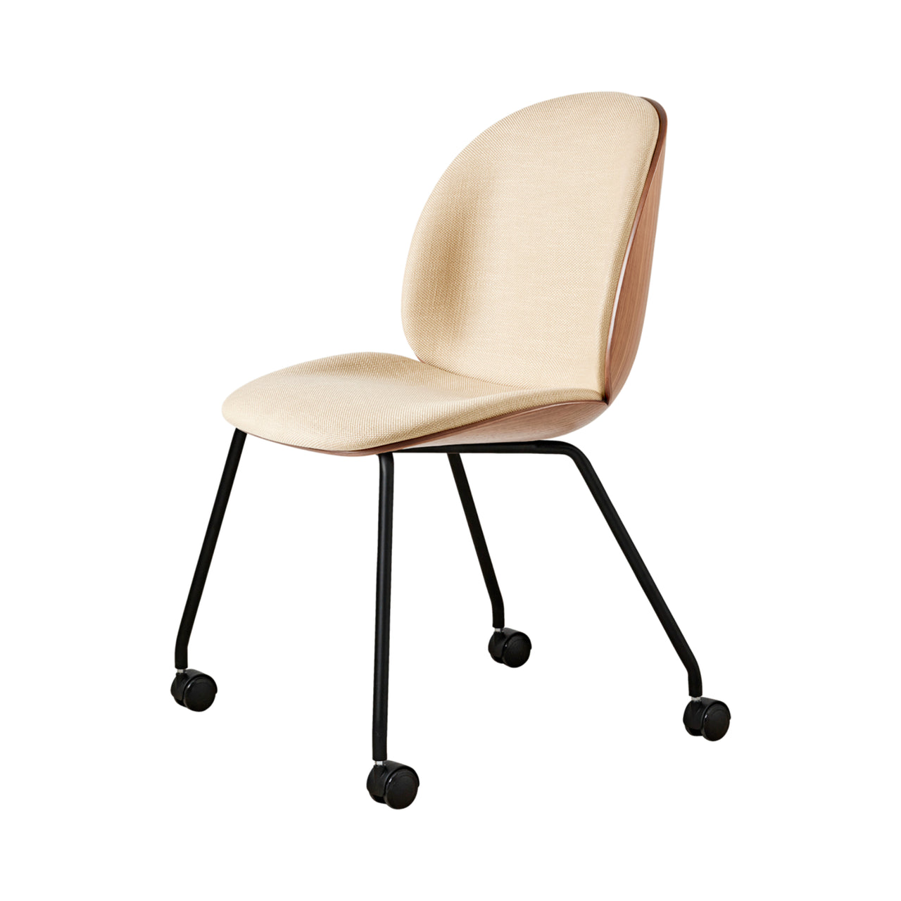 Beetle Meeting Chair Veneer Shell: 4-Legs with Castors + Front Upholstered + American Walnut