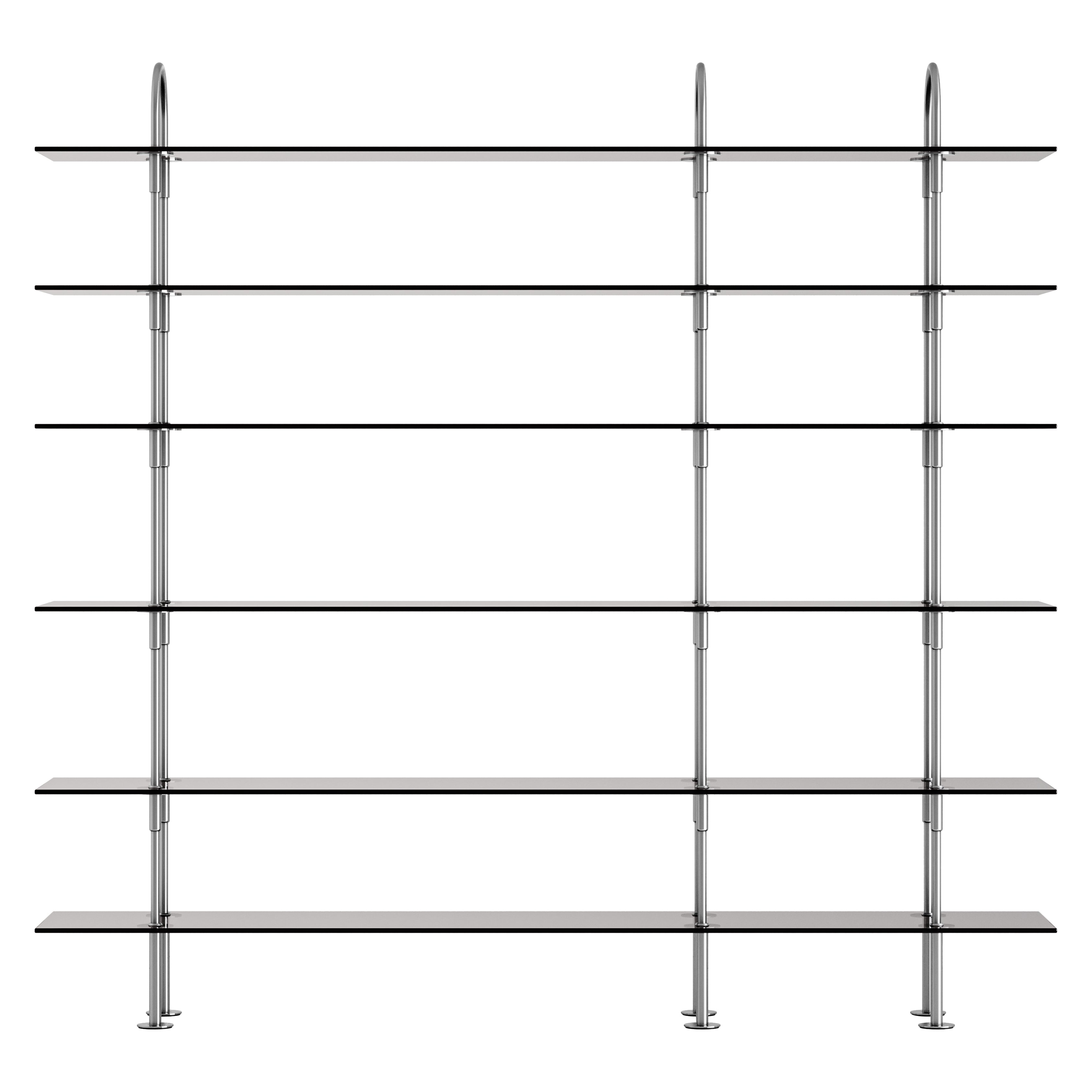 Keen Shelving System: System 7 + Satin Stainless Steel + Smoked Tempered Glass