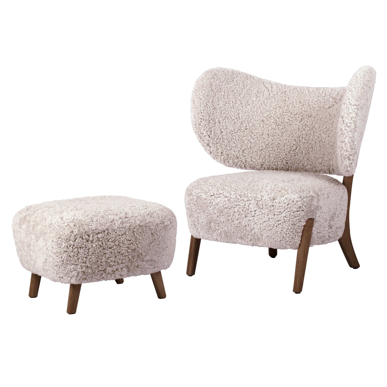 Tmbo Lounge Chair with Pouf: Walnut + Sheepskin Moonlight