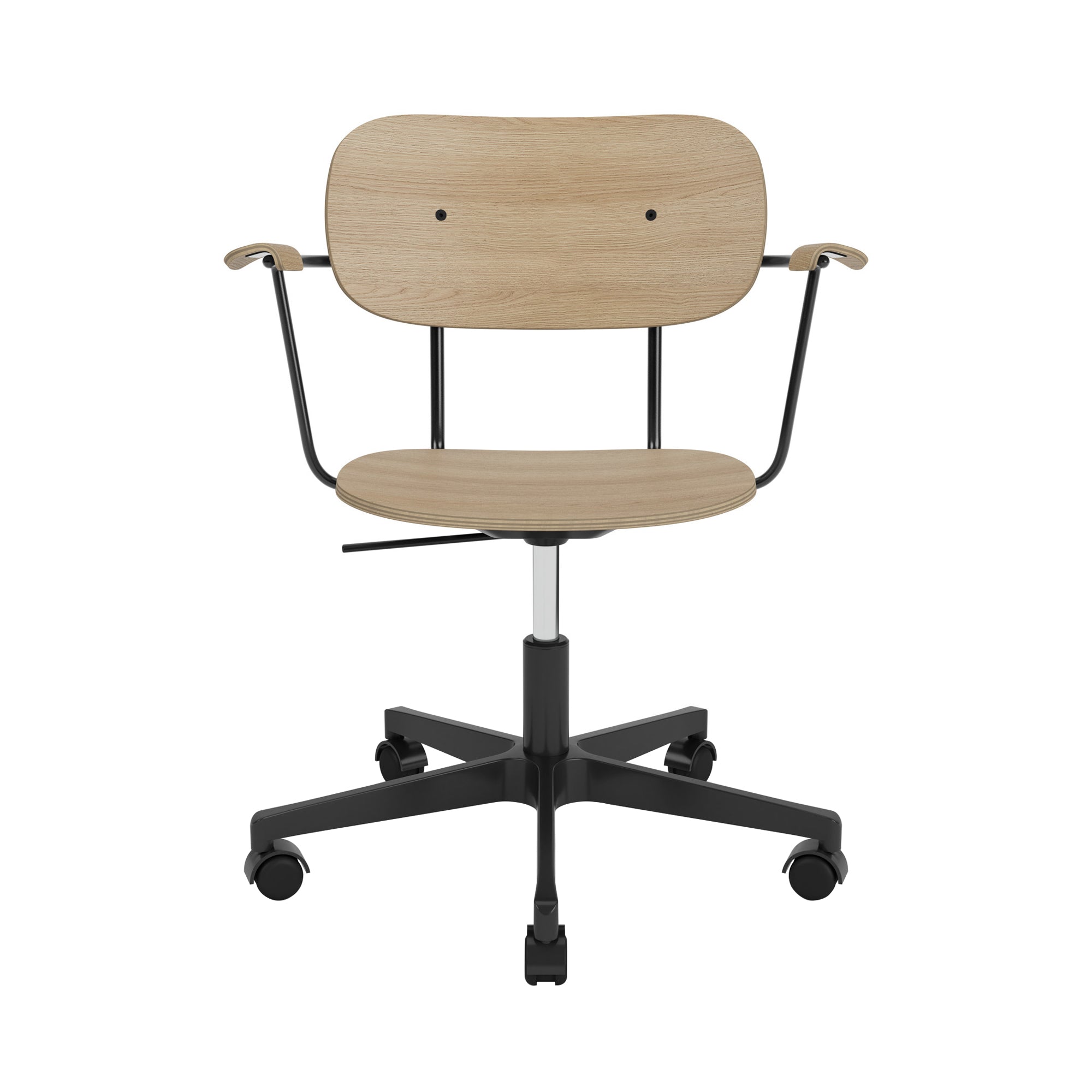 Co Task Chair with Casters: With Armrest + Black Aluminum + Natural Oak