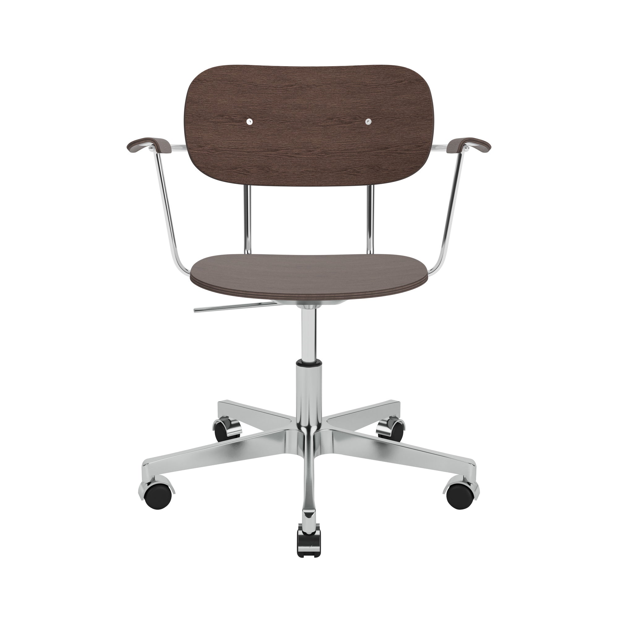 Co Task Chair with Casters: With Armrest + Polished Aluminum + Dark Stained Oak