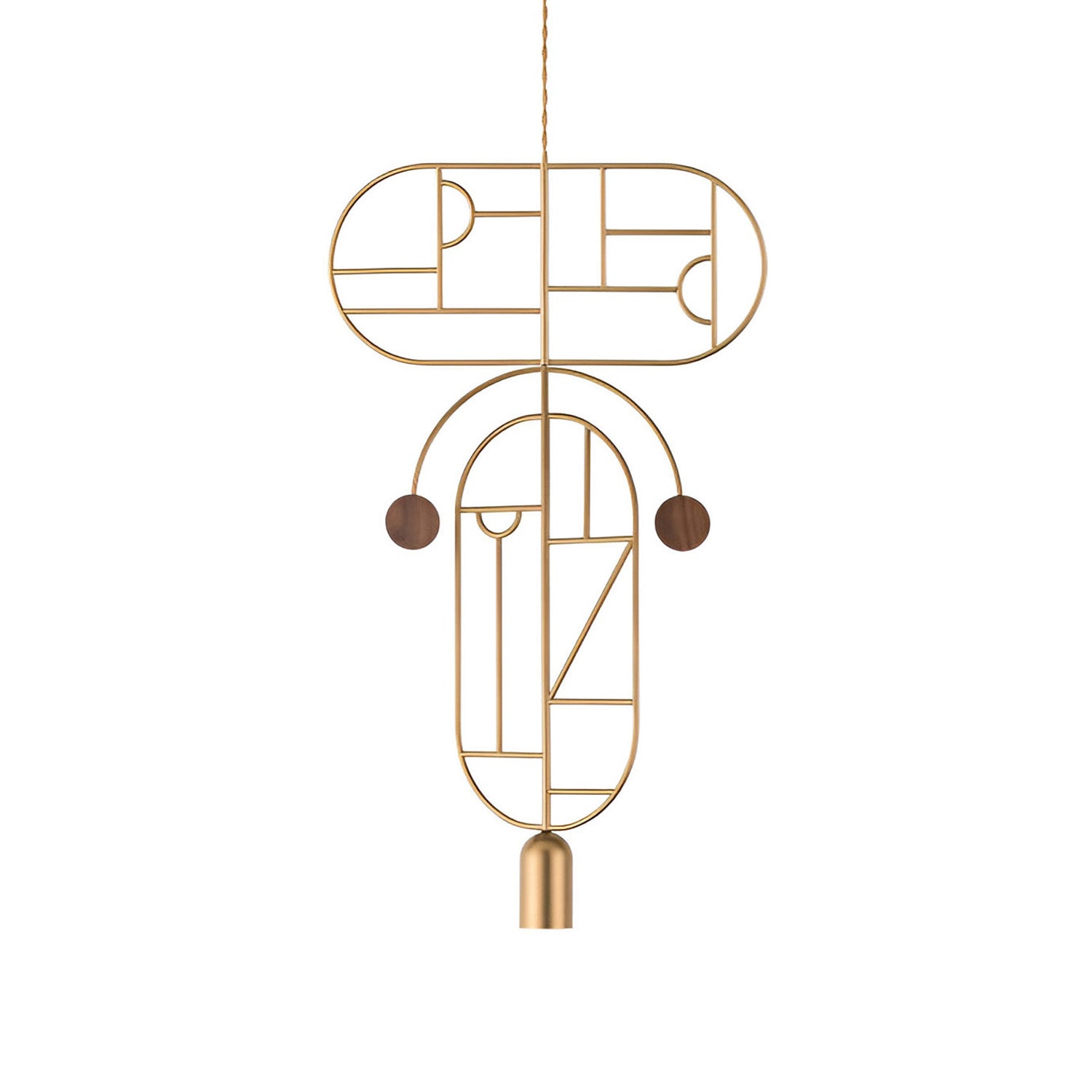 Wooden Dots Suspension Lamp: Horizontal + Vertical + Gold + 1 Curled Stem + Gold + Walnut