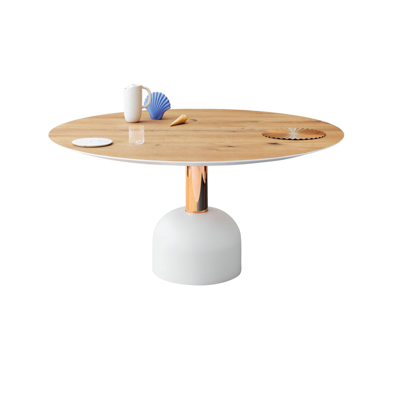 Illo Dining Table: Small + Flamed Oak + Lacquered White + Copper