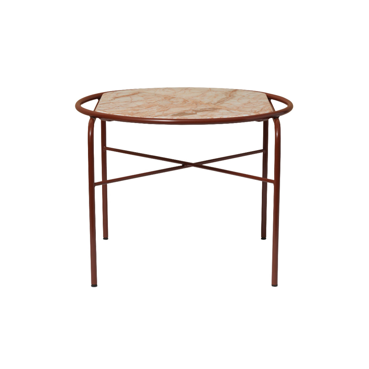 Secant Coffee Table: Round + Red + Soft Rose Marble