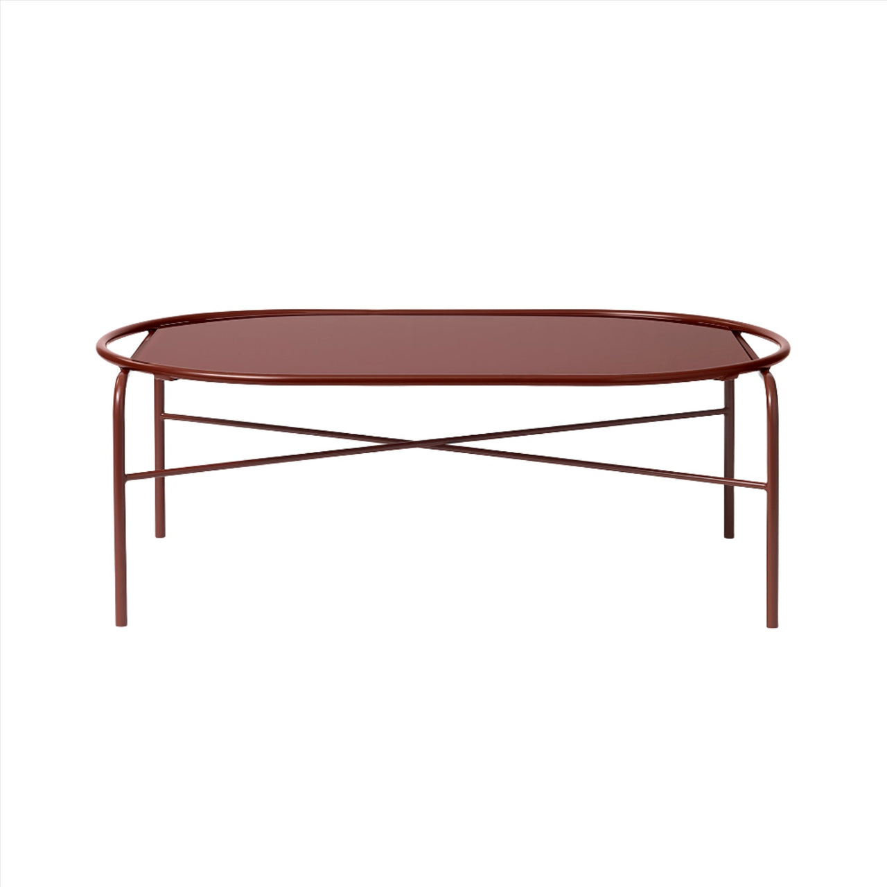 Secant Coffee Table: Oval + Oxide Red + Redish Glass