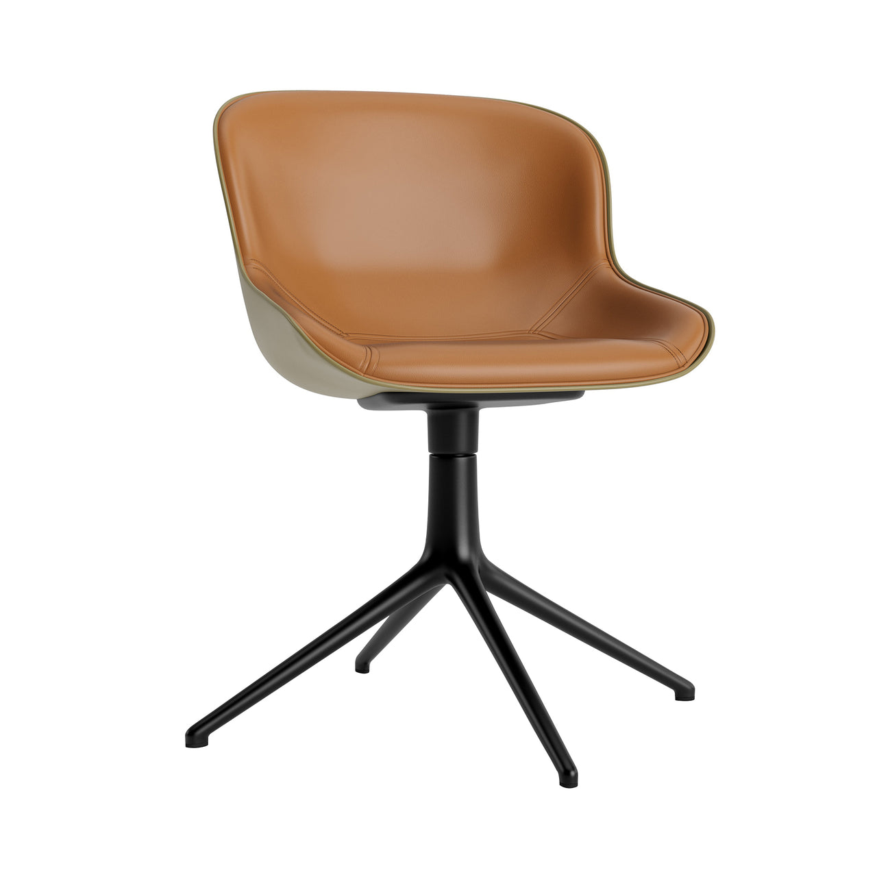 Hyg 4 Legs Swivel Chair: Front Upholstered + Black Aluminum + Olive