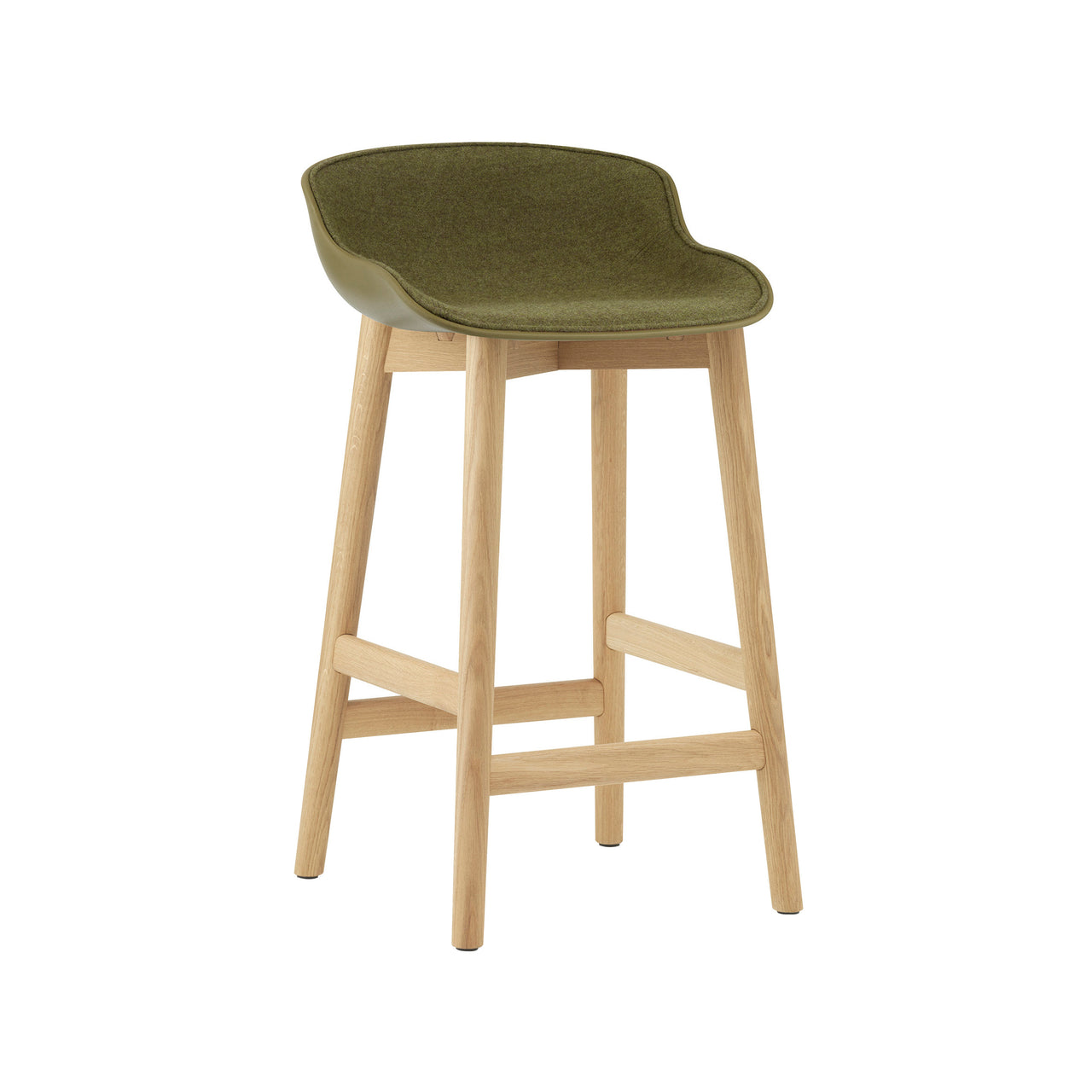 Hyg Counter Stool: Wood Base + Front Upholstered + Oak + Olive