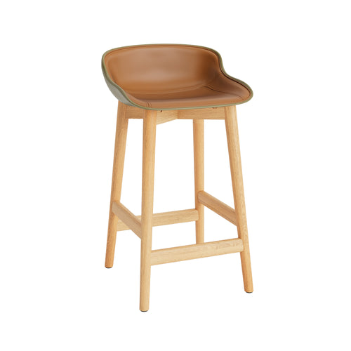 Hyg Counter Stool: Wood Base + Front Upholstered + Oak + Olive