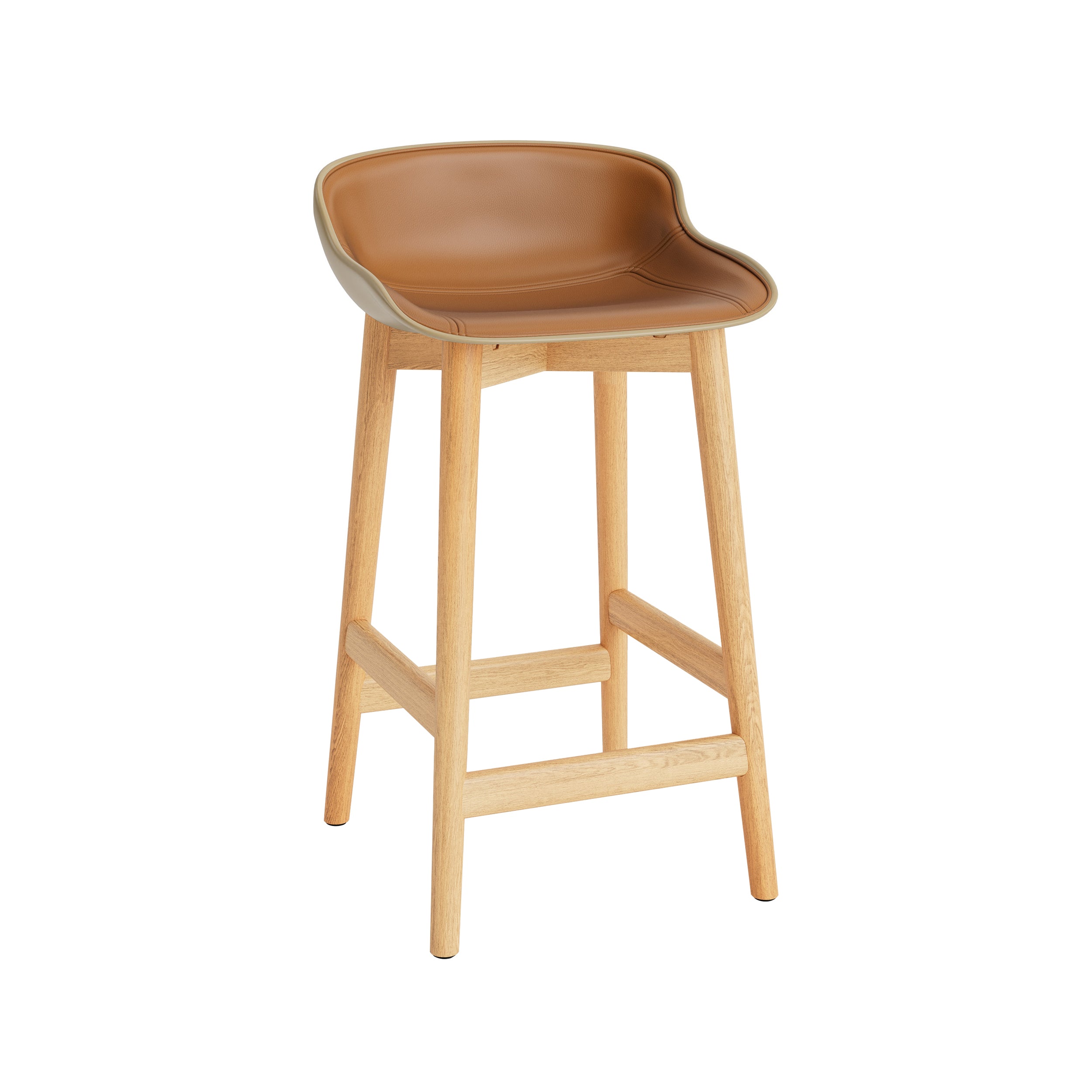 Hyg Counter Stool: Wood Base + Front Upholstered + Oak + Sand