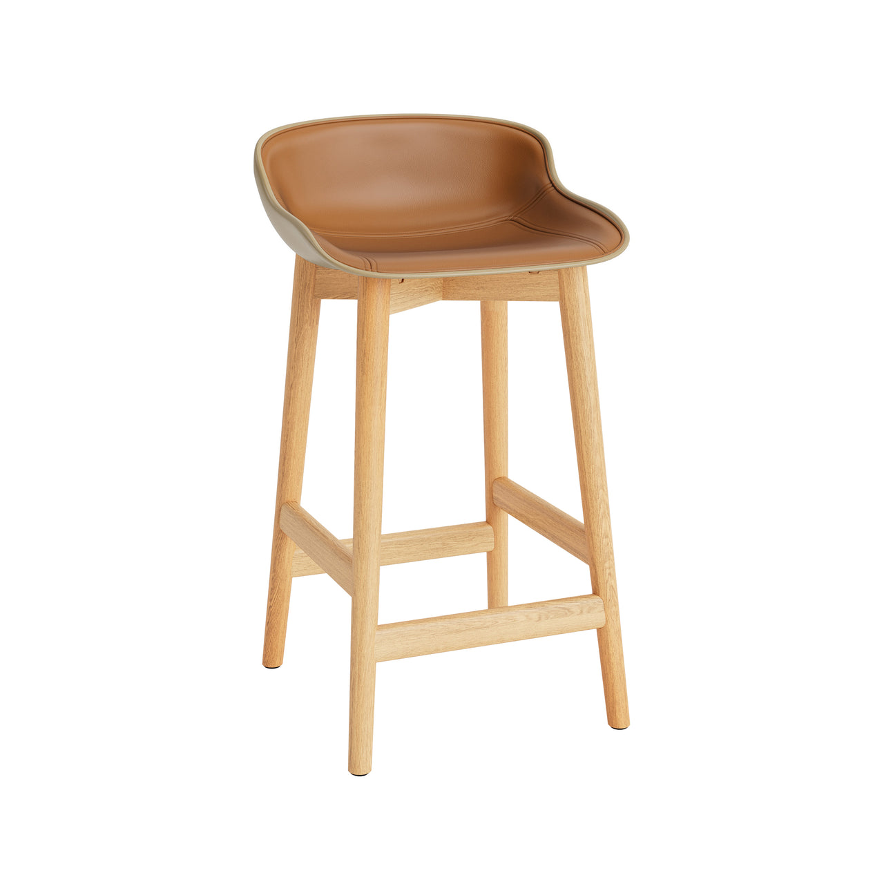 Hyg Counter Stool: Wood Base + Front Upholstered + Oak + Sand