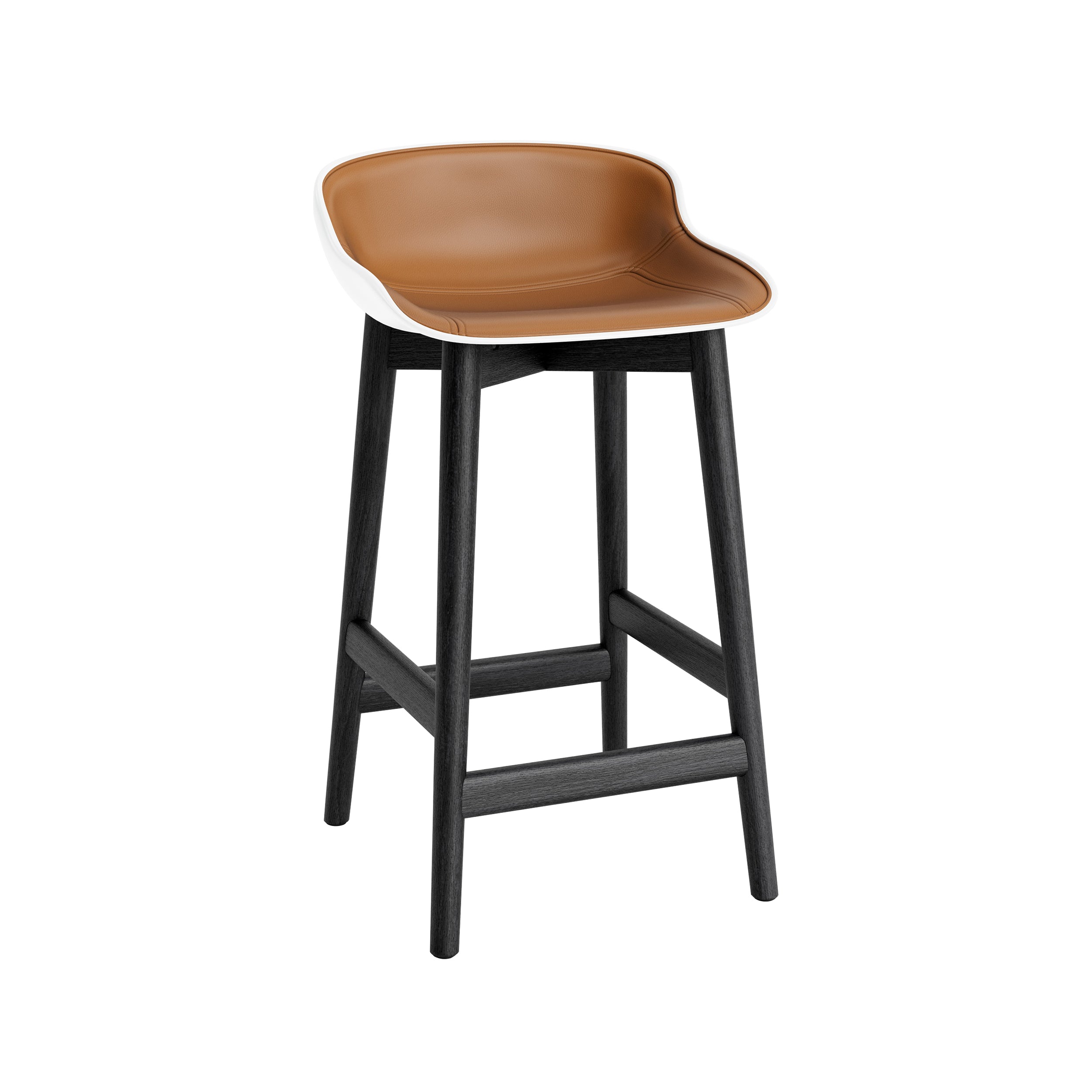 Hyg Counter Stool: Wood Base + Front Upholstered + Black Oak + White