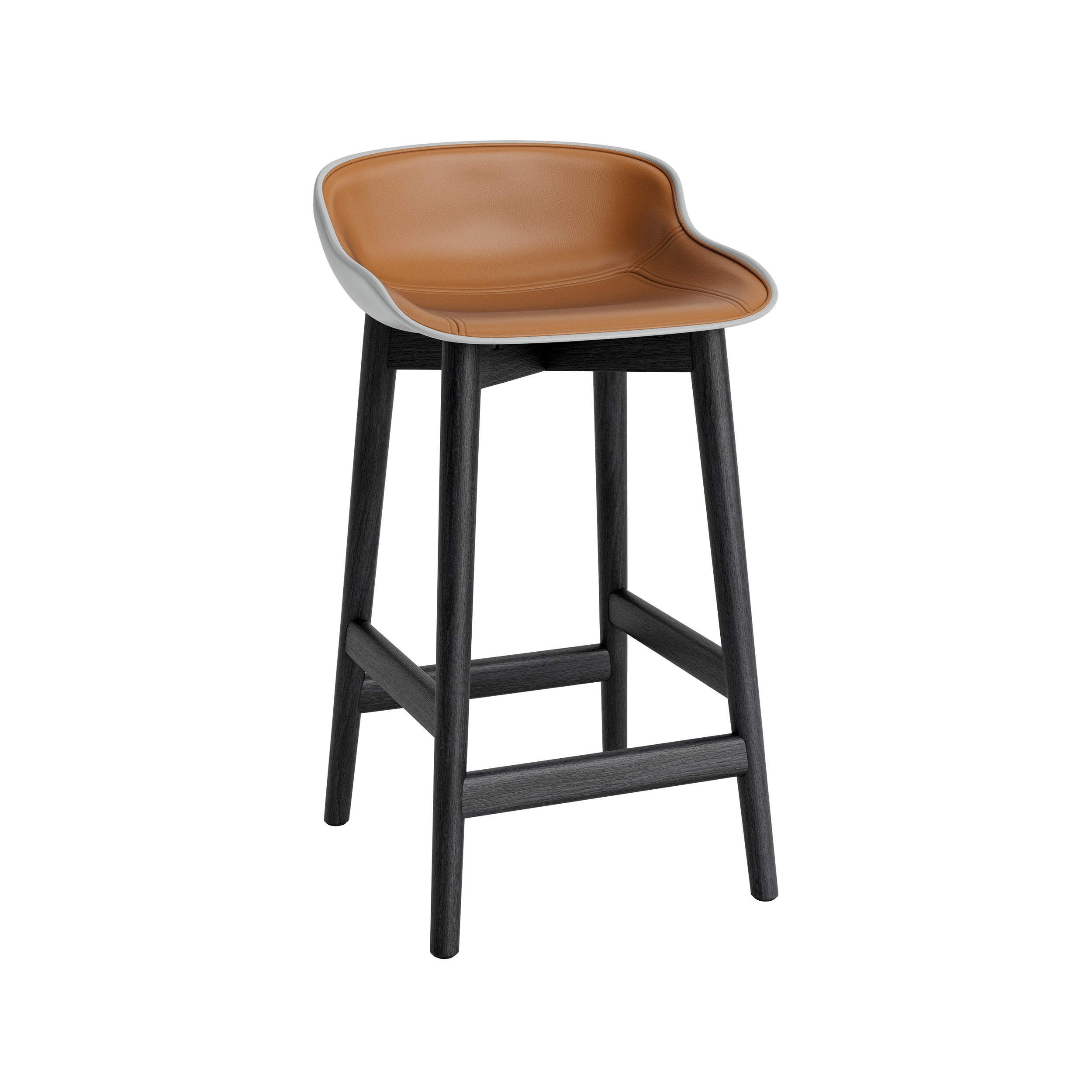 Hyg Counter Stool: Wood Base + Front Upholstered + Black Oak + Grey